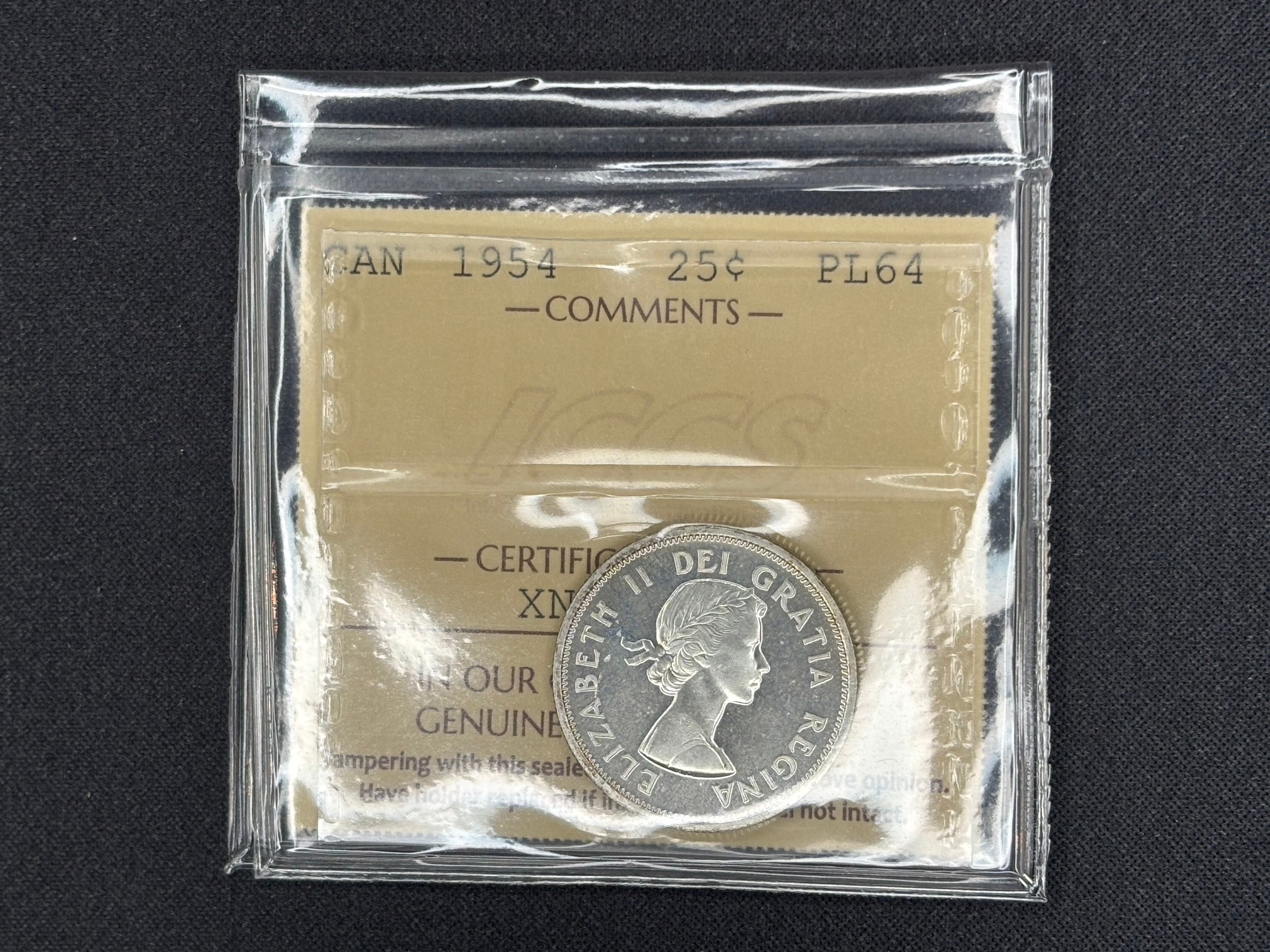 Canadian Silver Coin - 25 cents - 1954 - PL64 ICCS