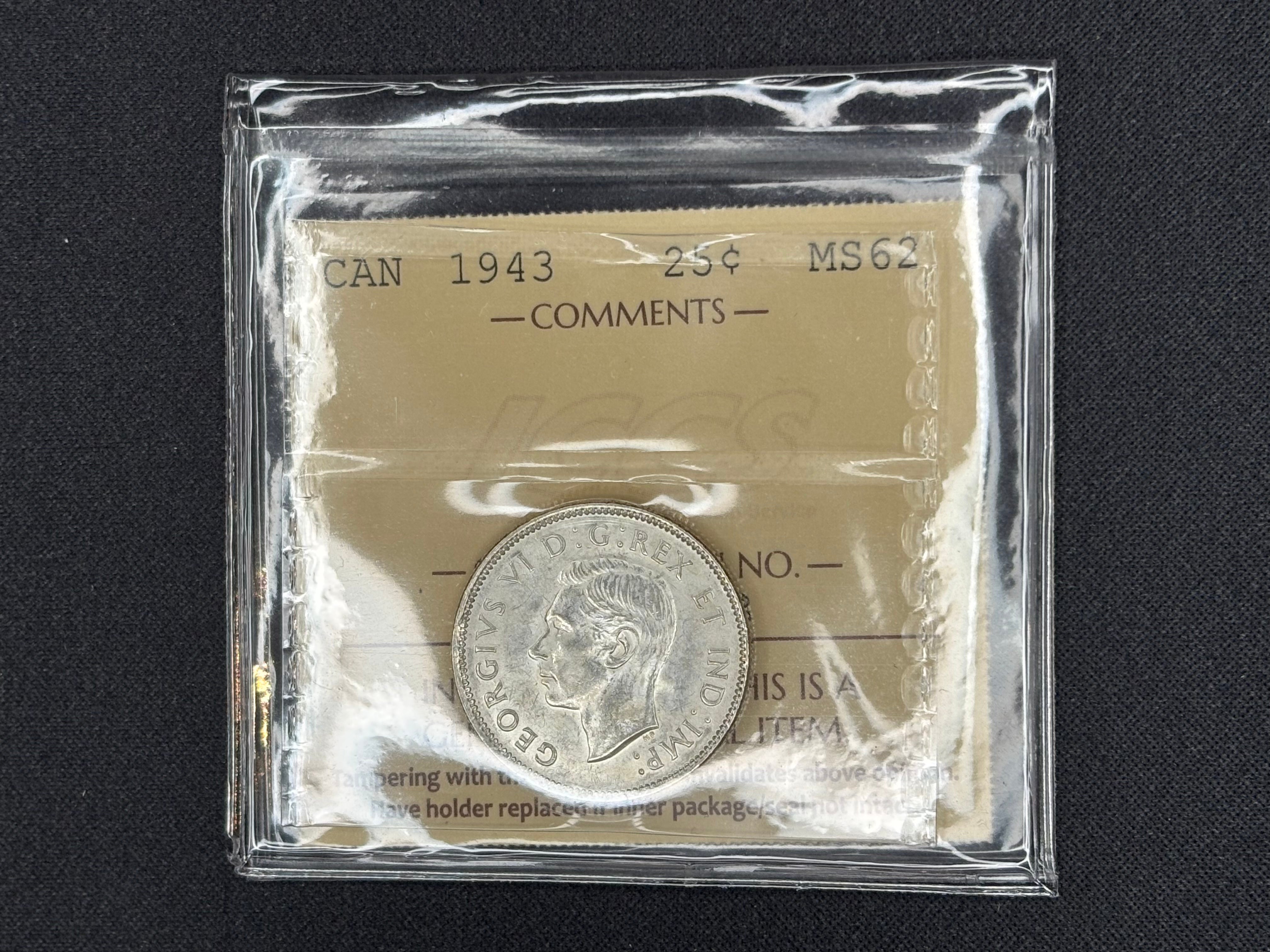 Canadian Silver Coin - 25 cents - 1943- MS62 ICCS