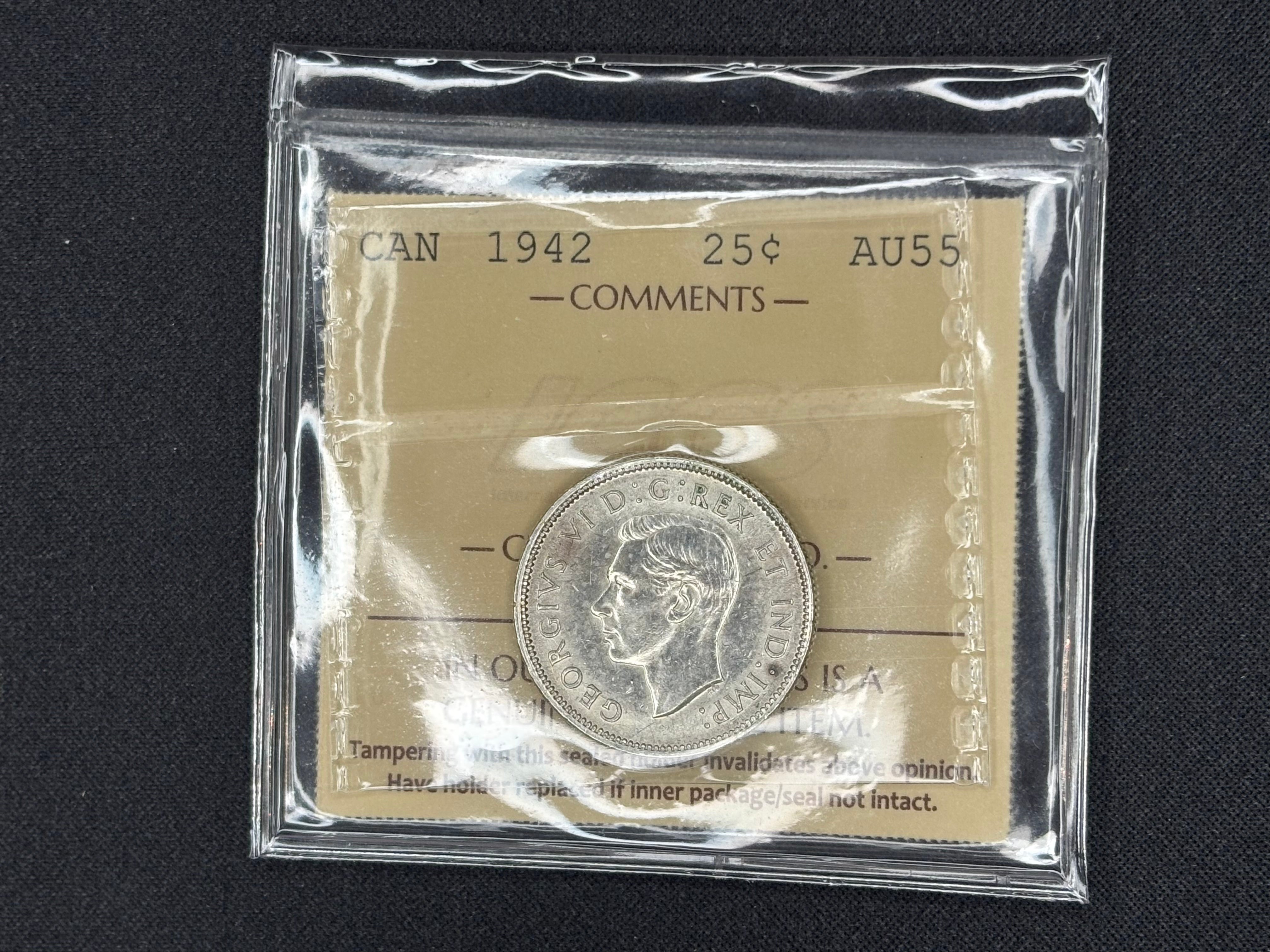 Canadian Silver Coin - 25 cents - 1942- AU55 ICCS