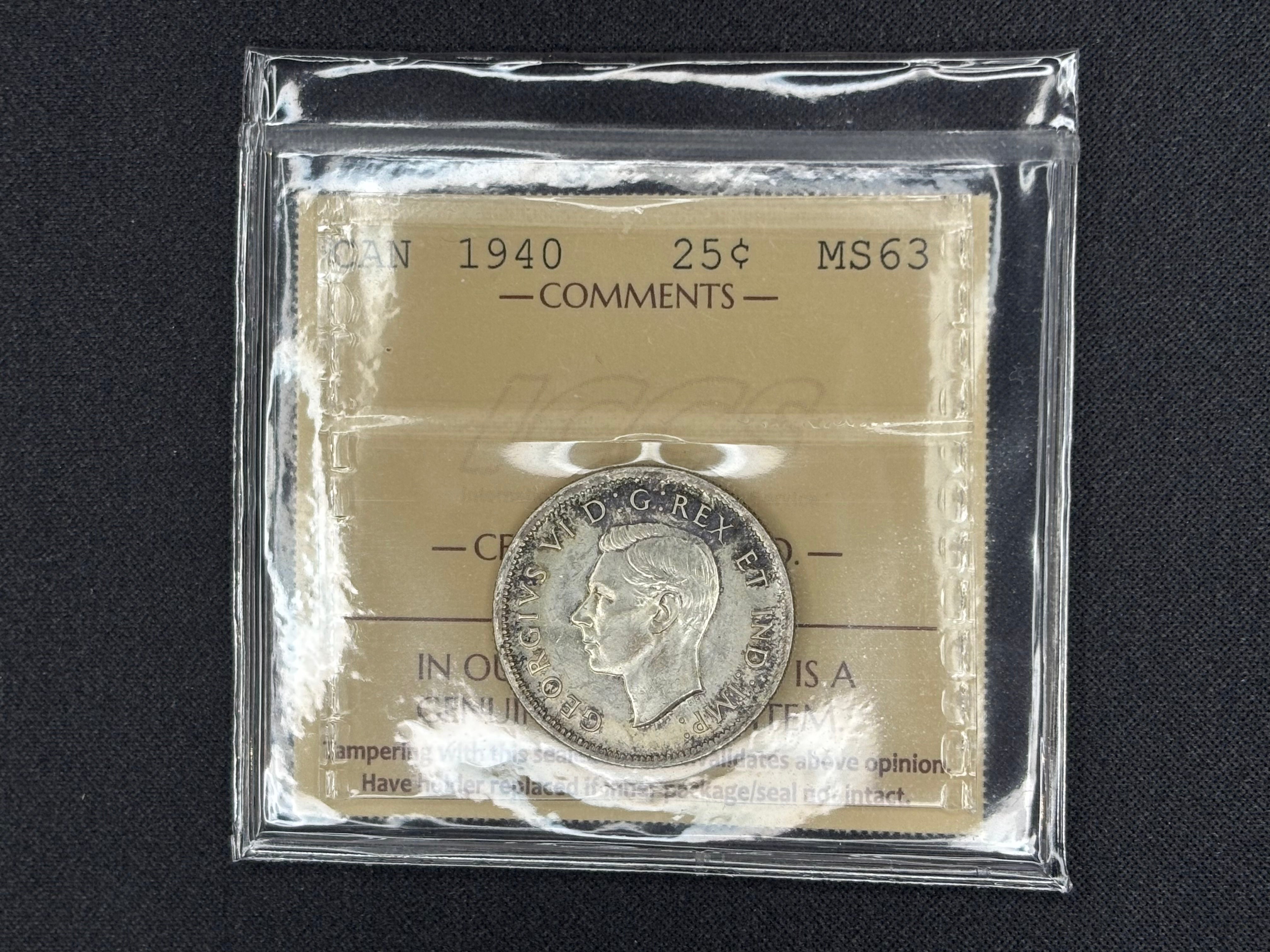 Canadian Silver Coin - 25 cents - 1940 - MS63 ICCS