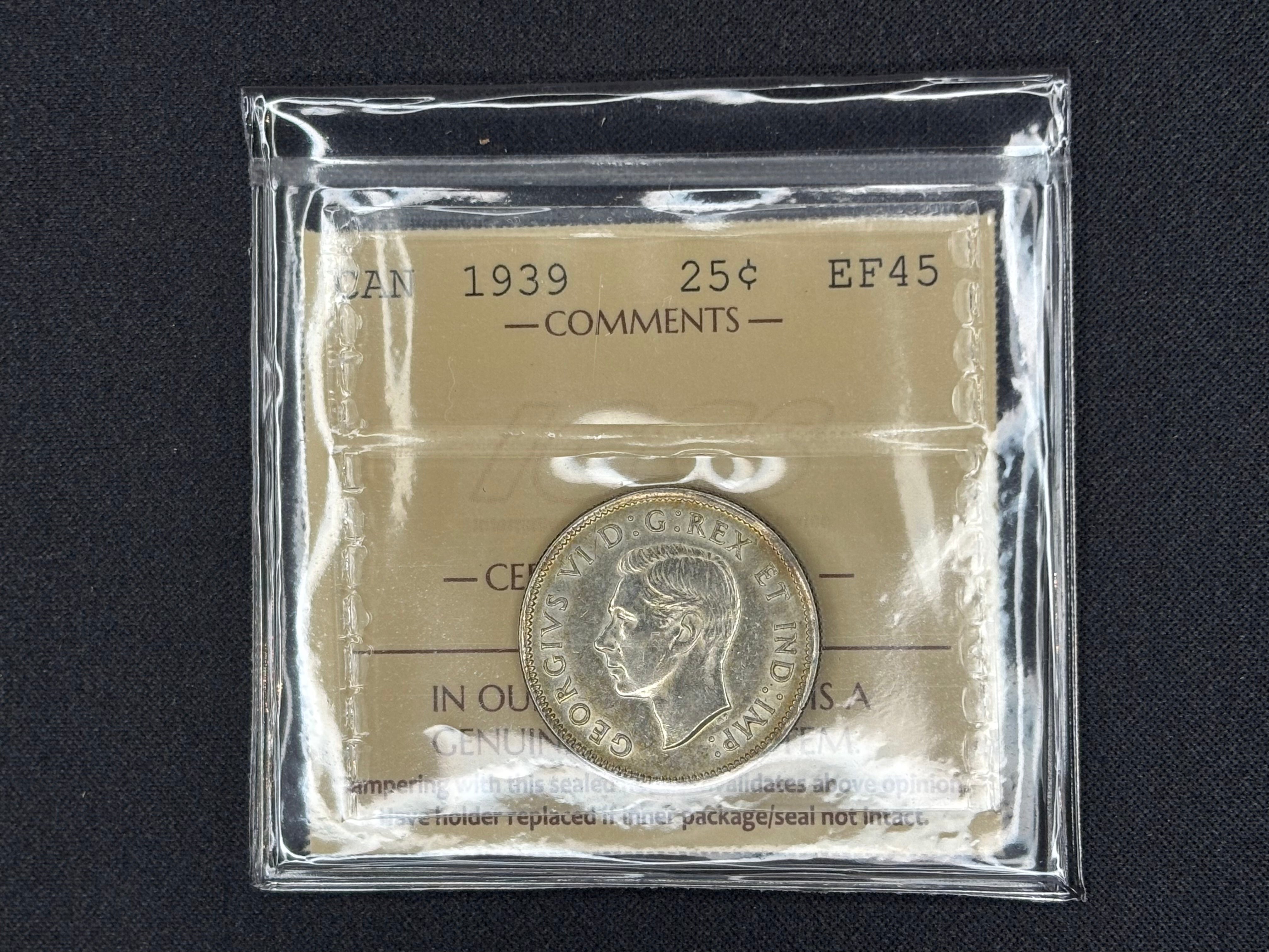 Canada Silver Coin - 25 cents - 1939- EF45 ICCS