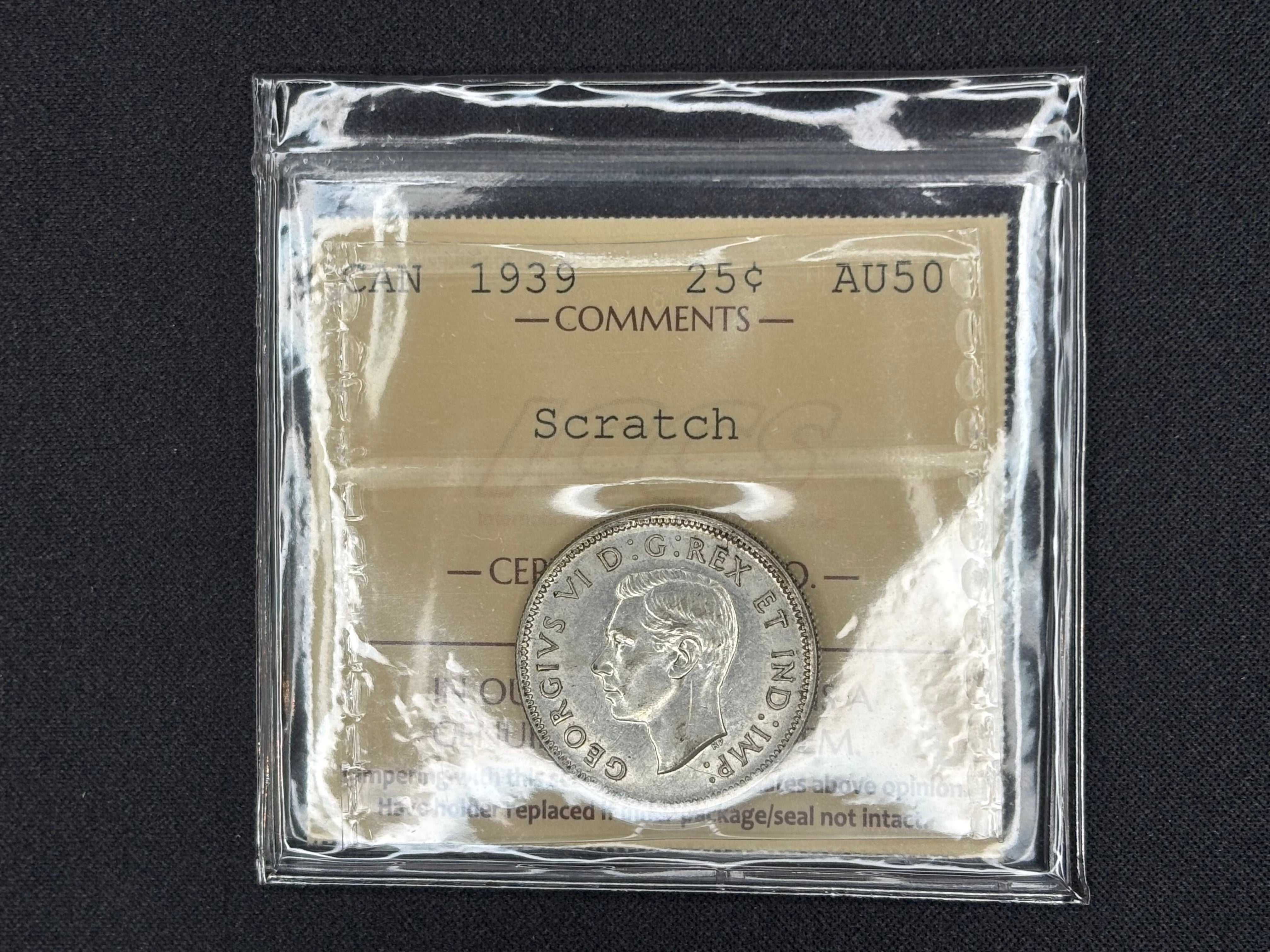 Canadian Silver Coin - 25 cents - 1939 Scratch - AU50 ICCS