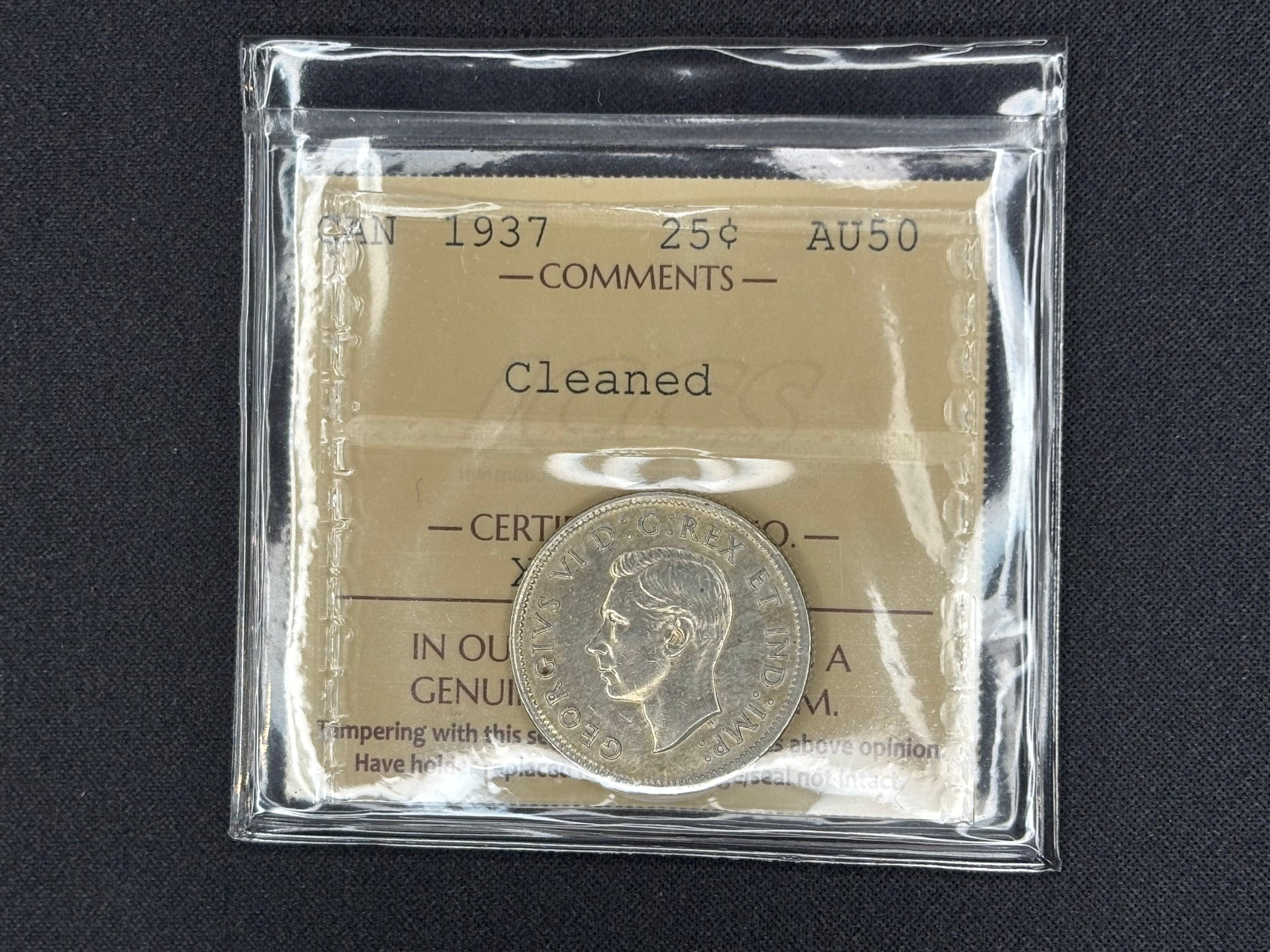 Canada Silver Coin - 25 cents - 1937 Cleaned- AU50 ICCS