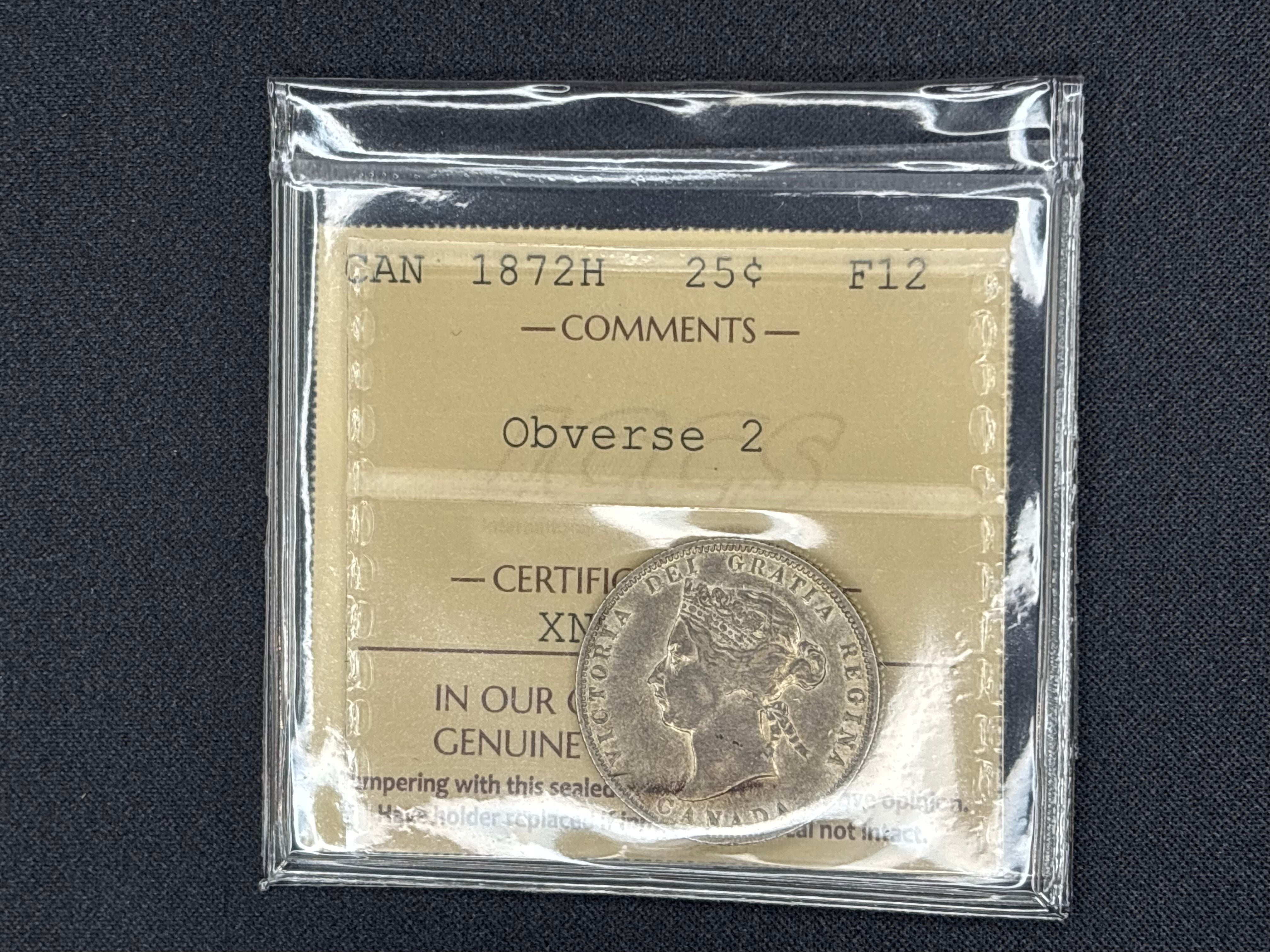 Canadian Silver Coin - 25 cents - 1872H Obv2 - F12 ICCS