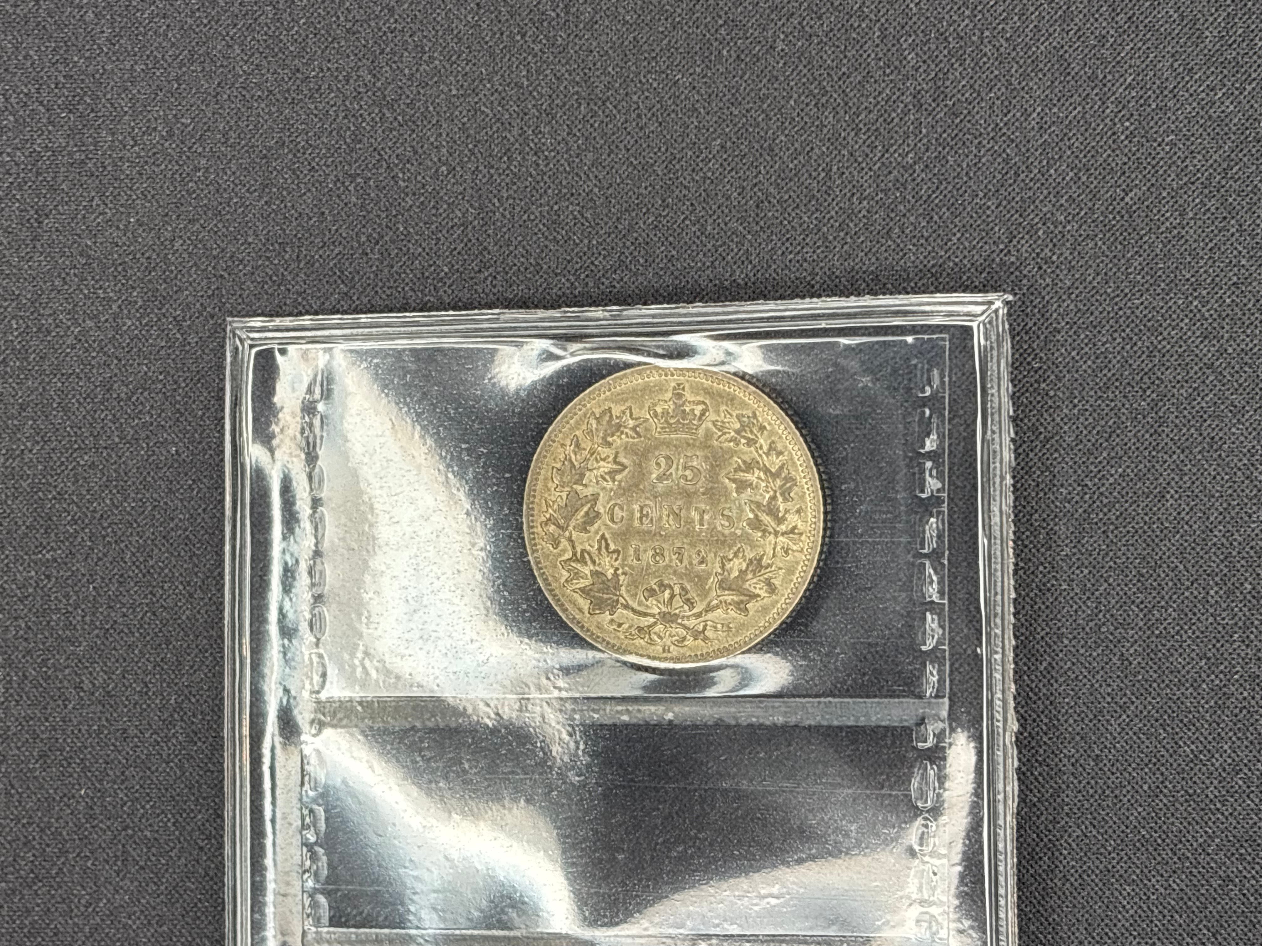 Canadian Silver Coin - 25 cents - 1872H Obv2 - F12 ICCS