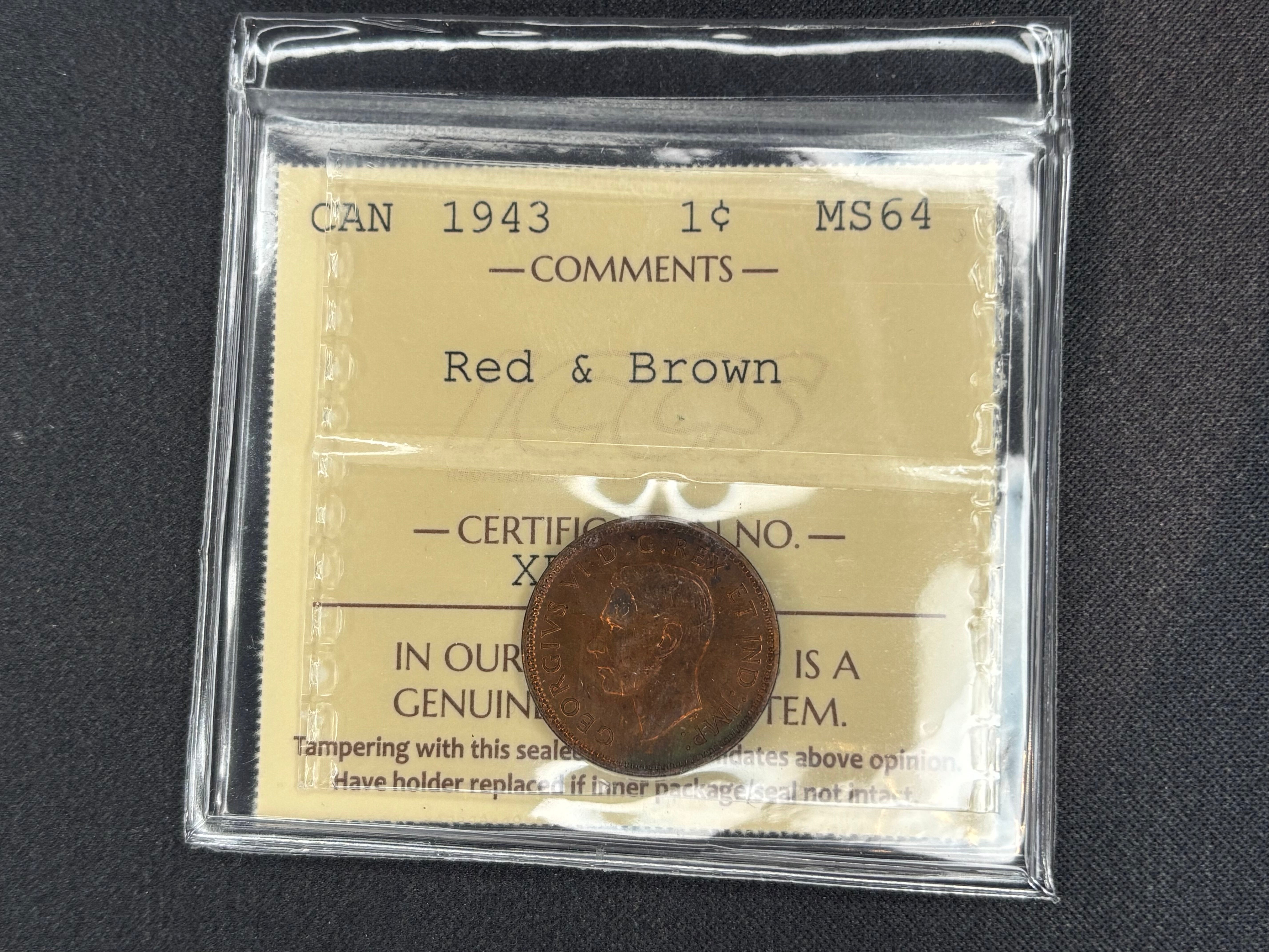 Canadian Coin - Penny - 1943 Red & Brown - MS64 ICCS