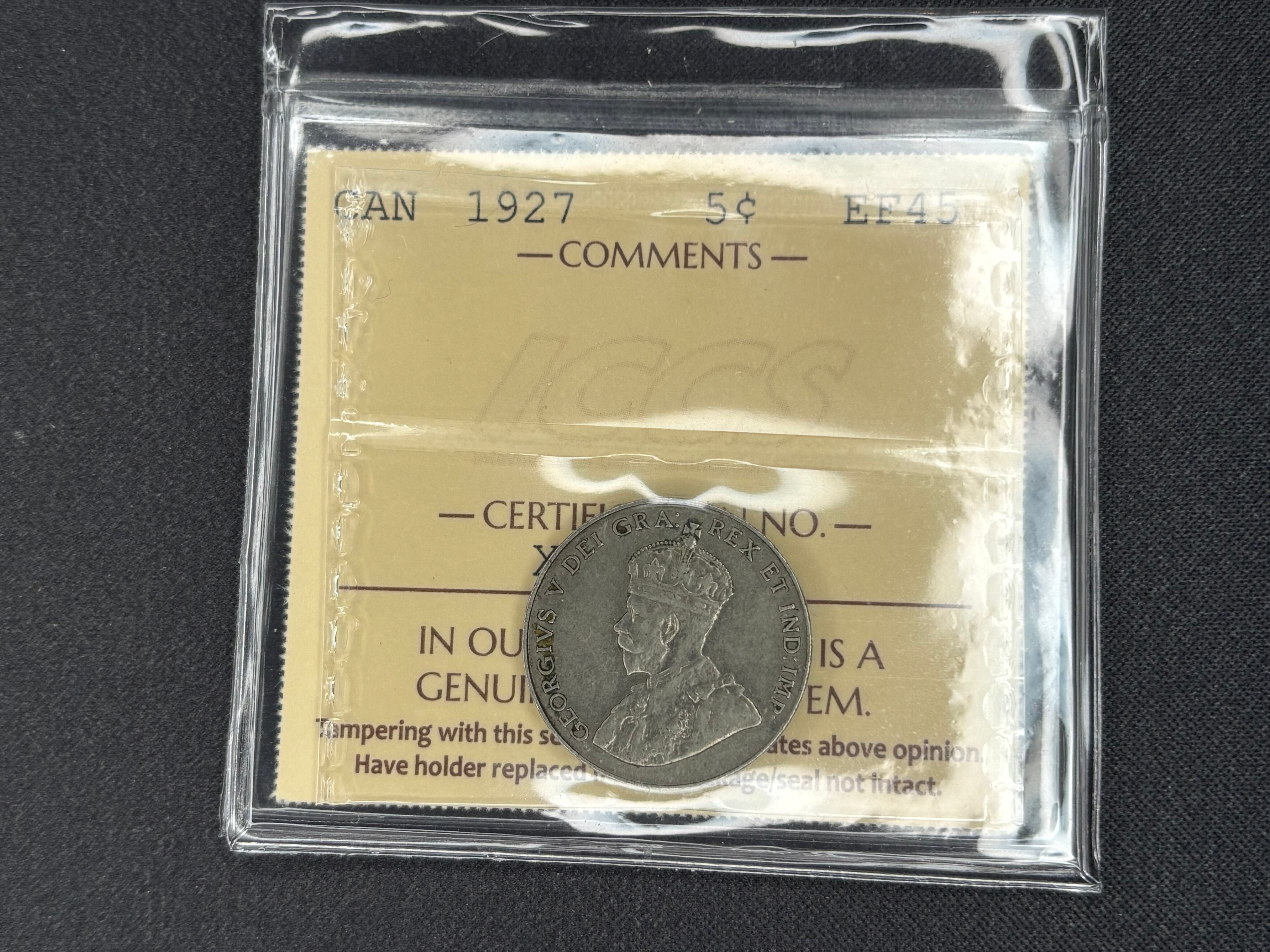 Canadian Nickel Coin - 5 cent - 1927 -  EF45 ICCS