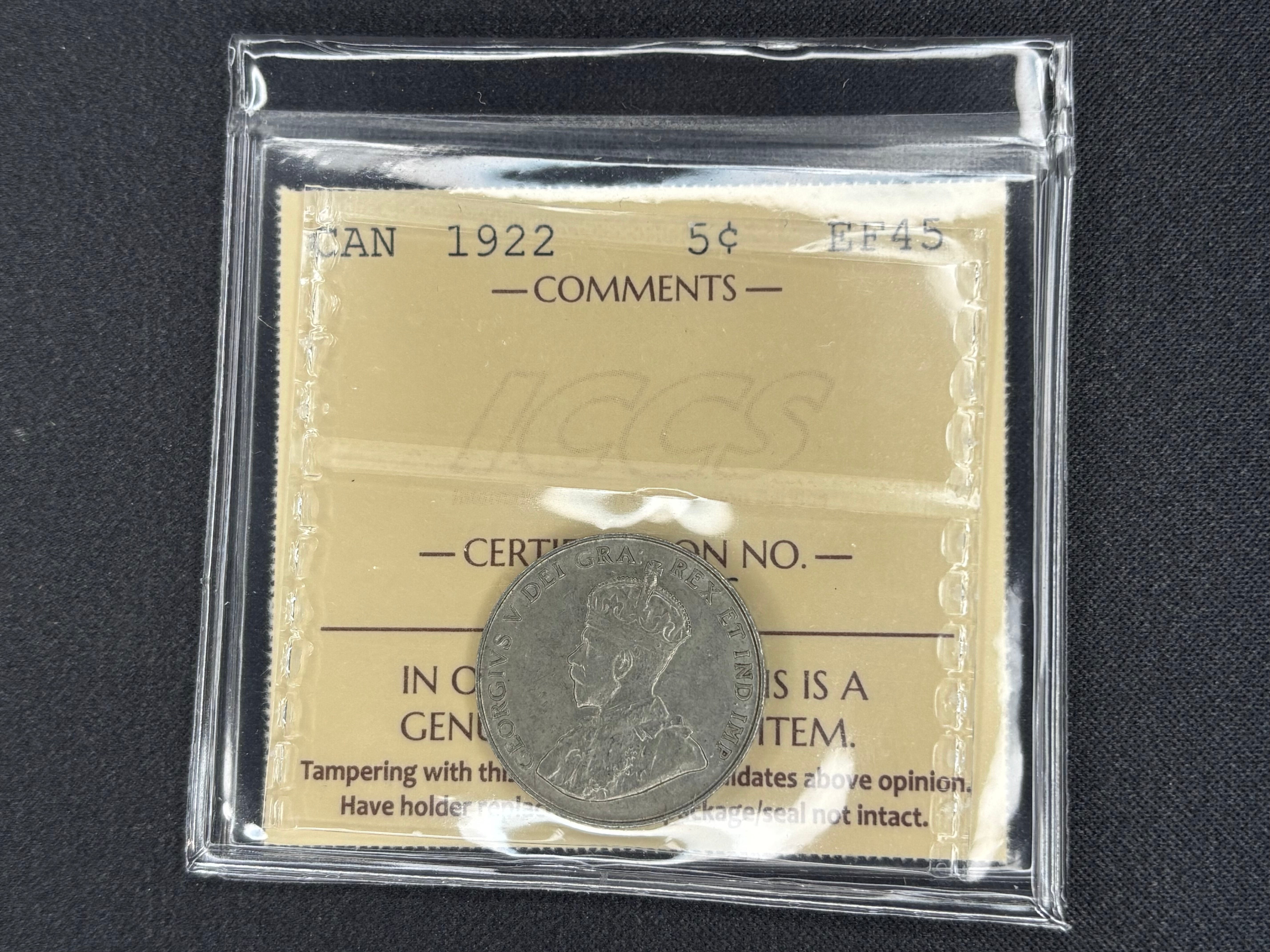 Canadian Nickel Coin - 5 cent - 1922 - EF45 ICCS