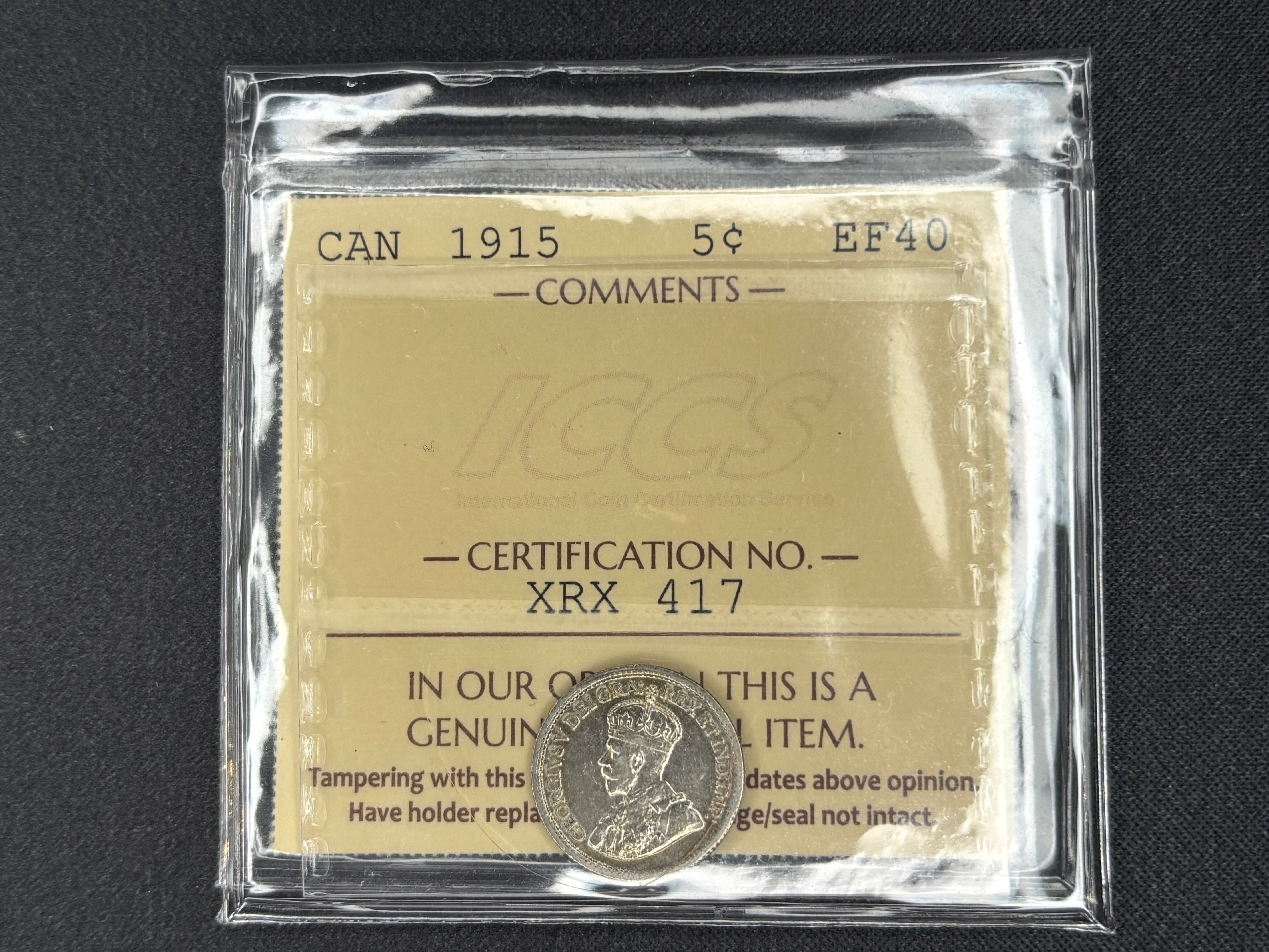 Canadian Silver Coin - 5 cents - 1915- EF40 ICCS