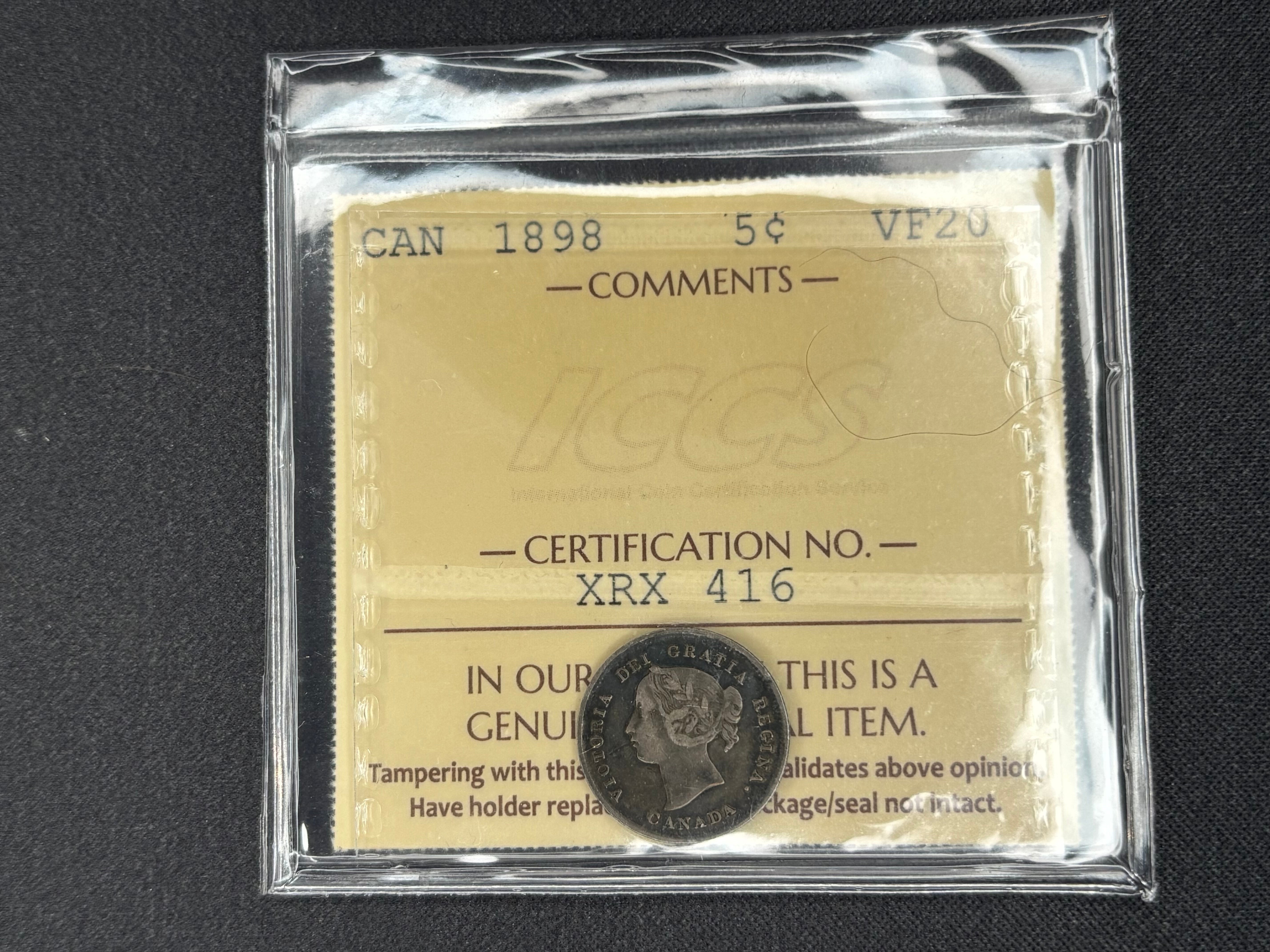 Canadian Silver Coin - 5 cents - 1898 - VF20 ICCS