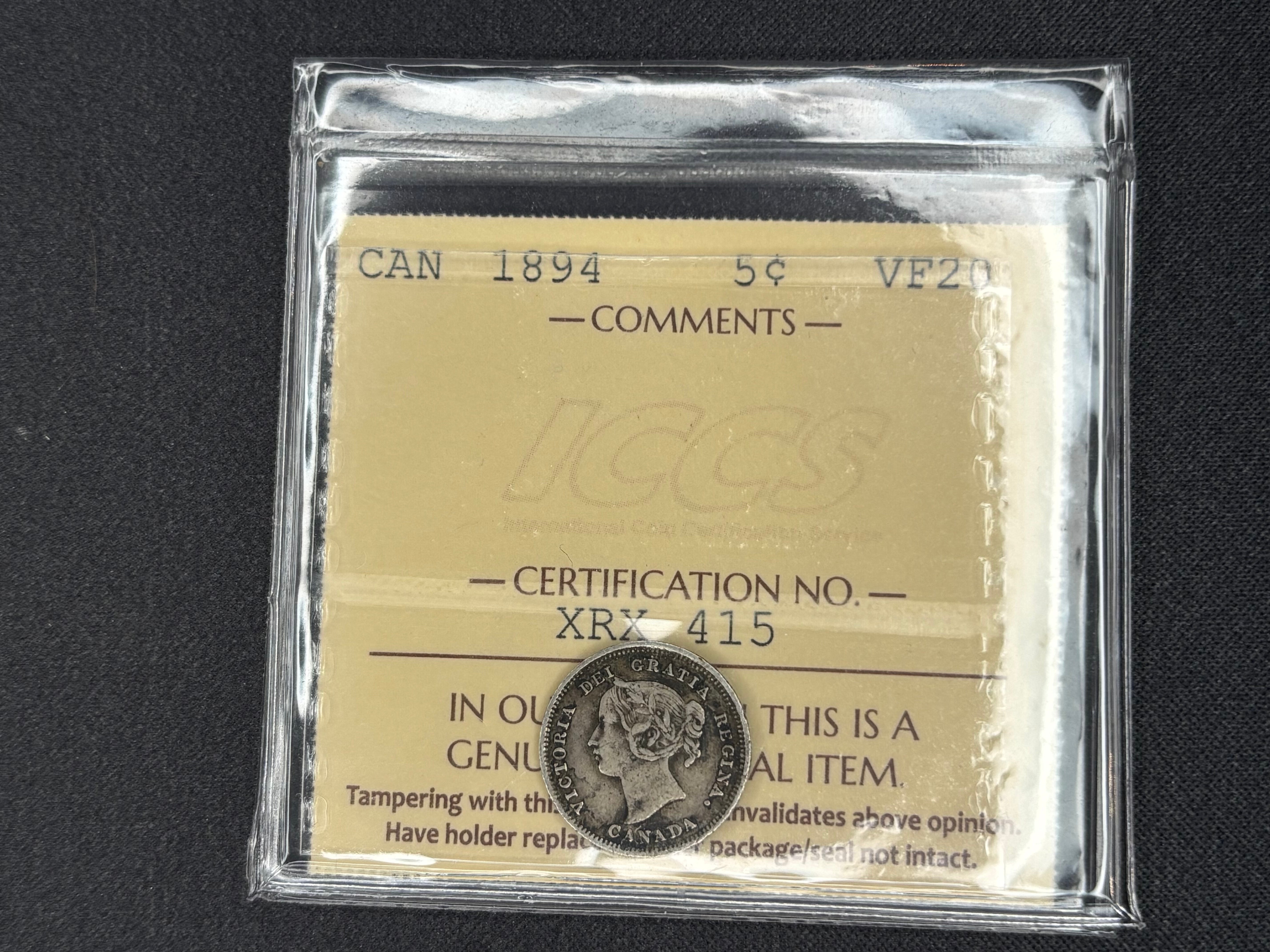 Canadian Silver Coin - 5 cents - 1894 - VF20 ICCS