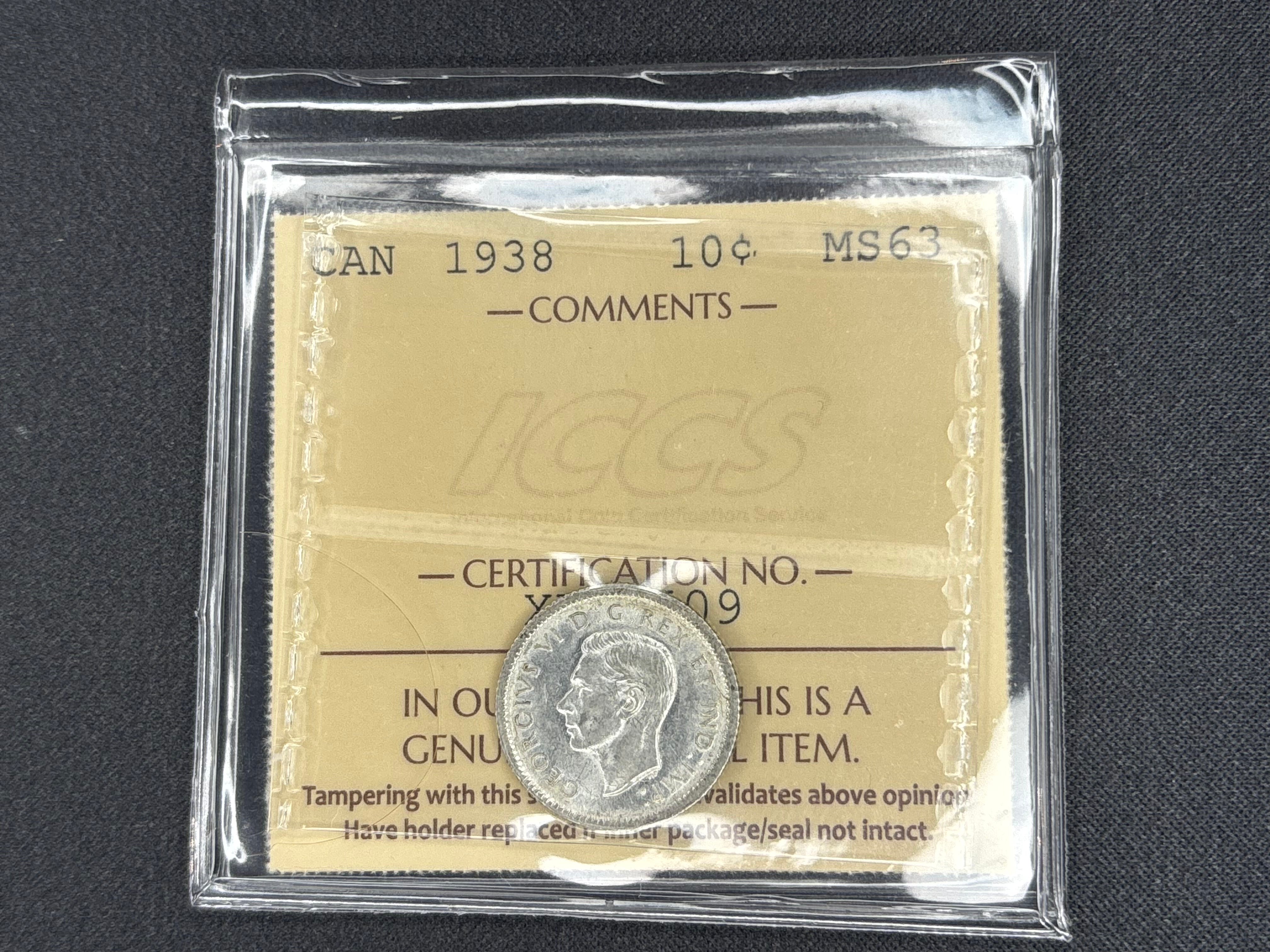 Canada Silver Coin - 10 cents - 1938 MS63 ICCS