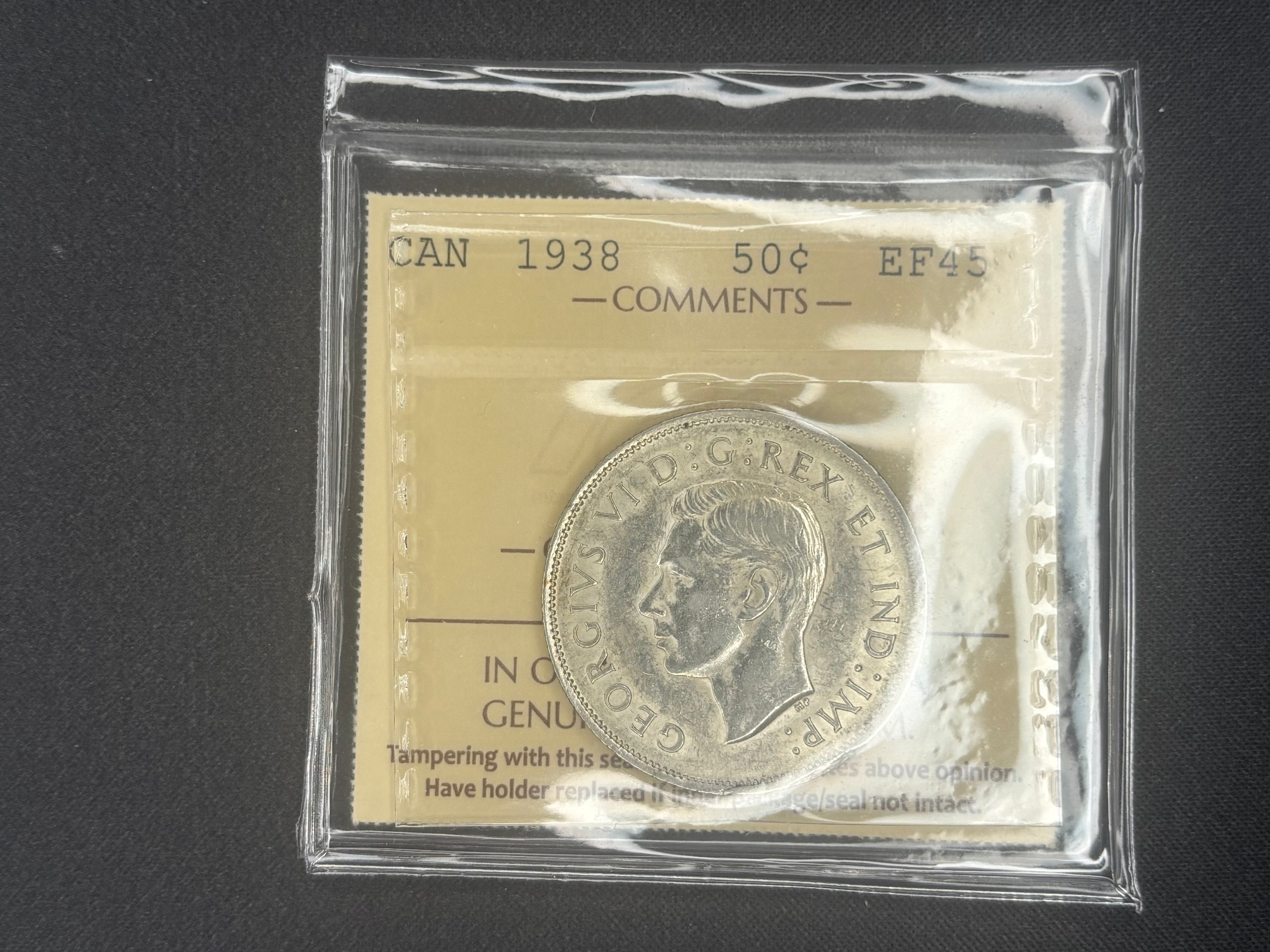 Canada Silver Coin - 50 cents - 1938  EF45 ICCS