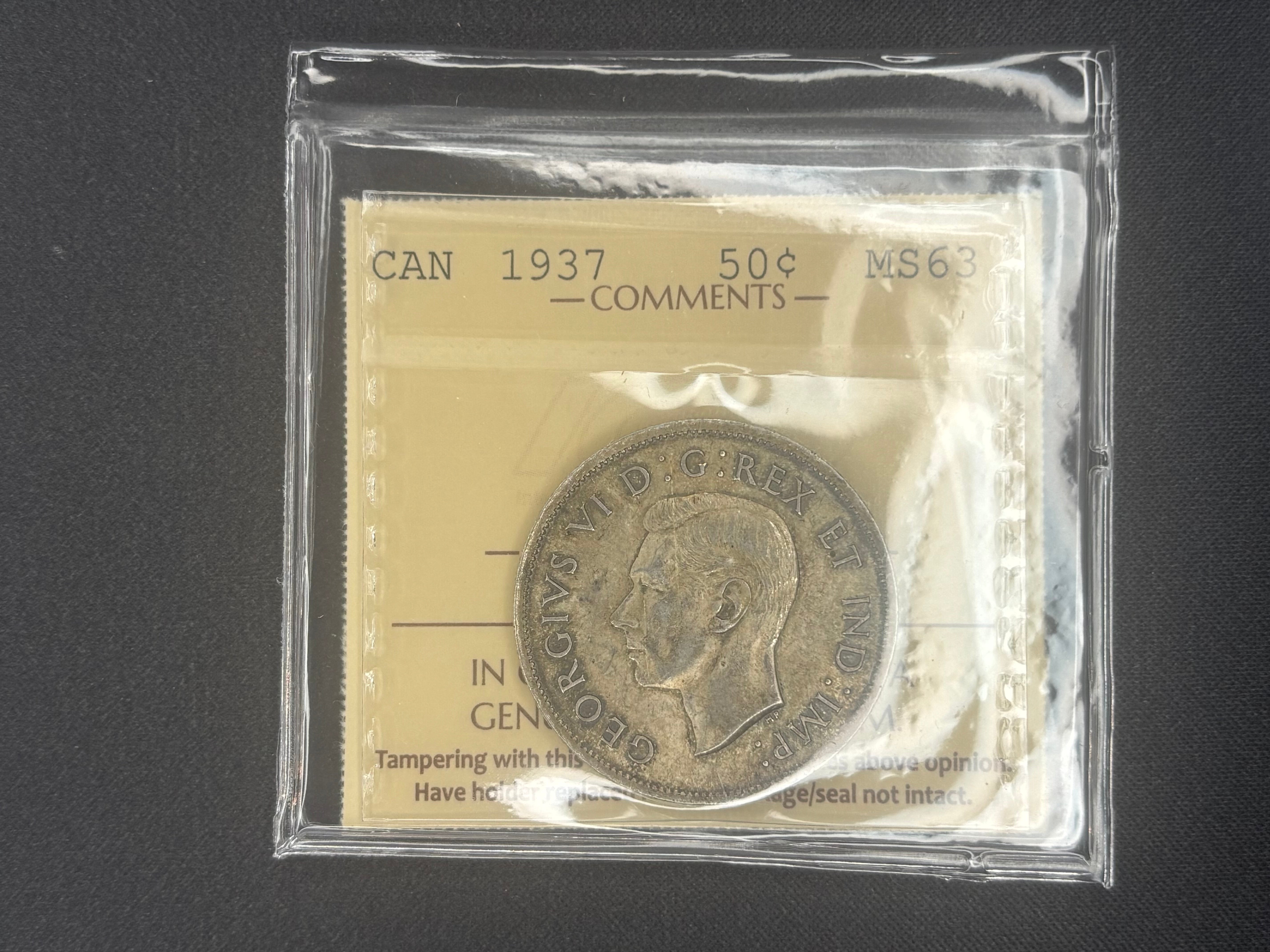 Canada Silver Coin - 50 cents - 1937 Toned - MS63 ICCS