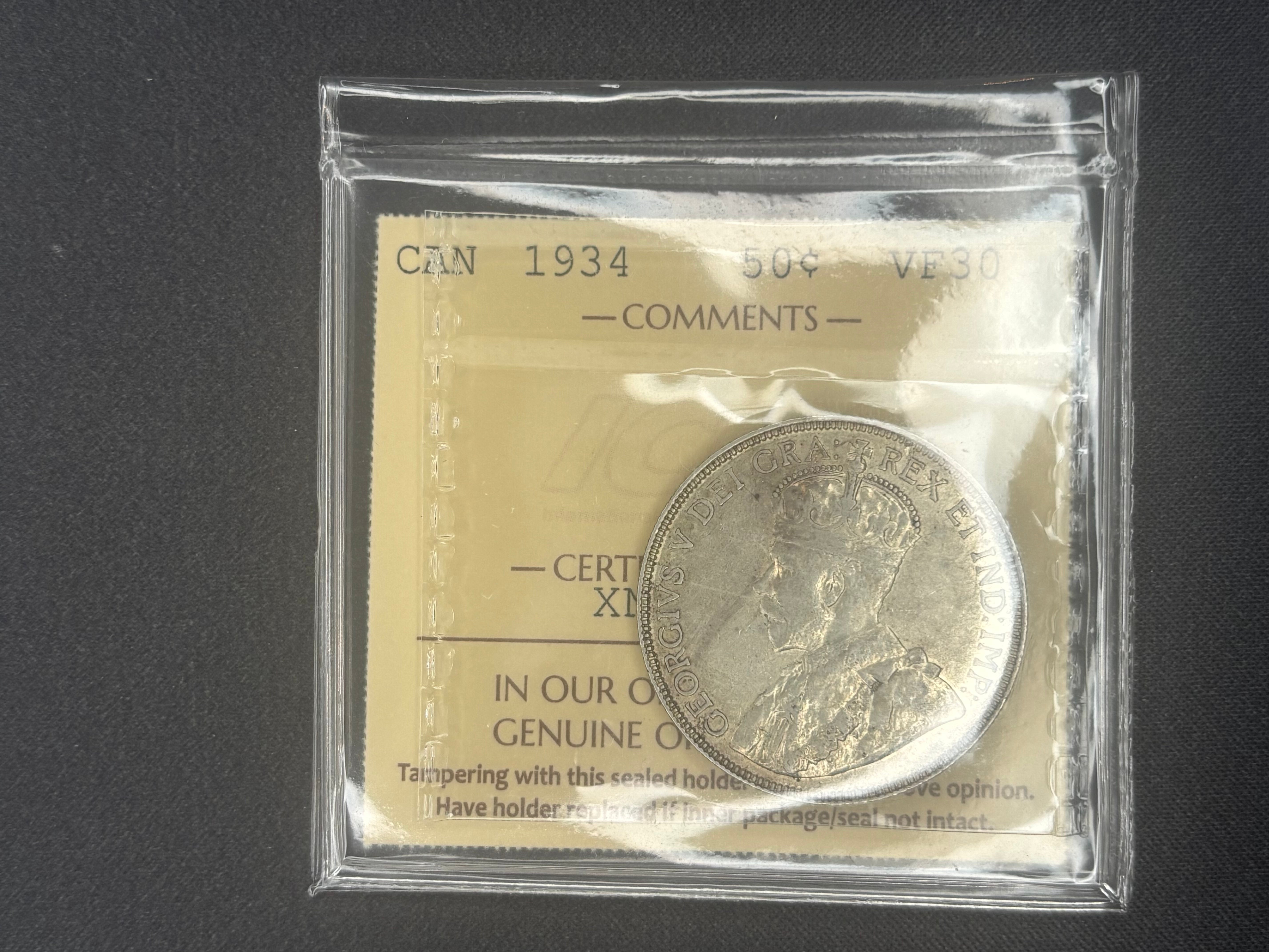 Canada Silver Coin - 50 cents - 1934 - VF30 ICCS