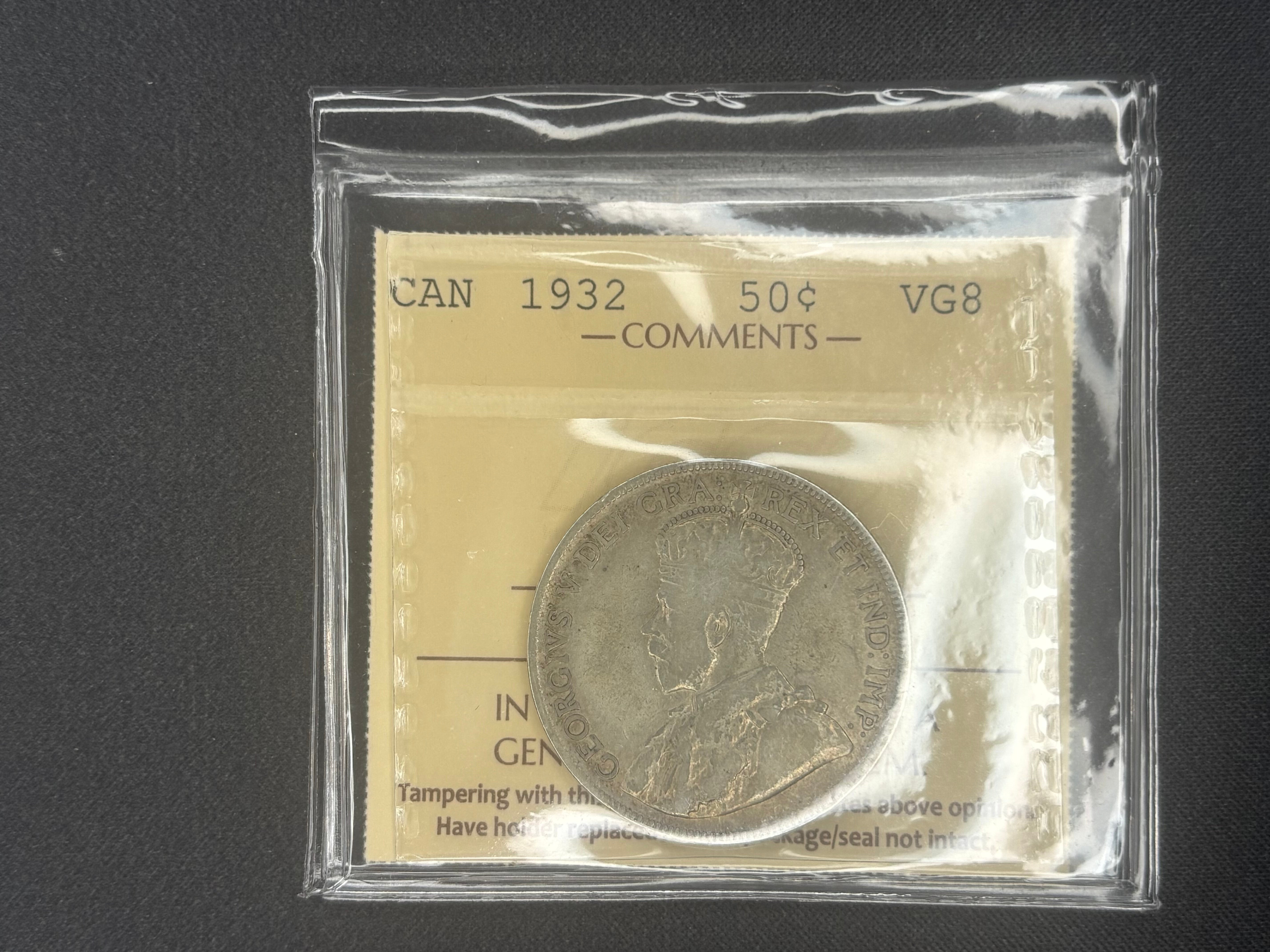 Canada Silver Coin - 50 cents - 1932  VG8 ICCS
