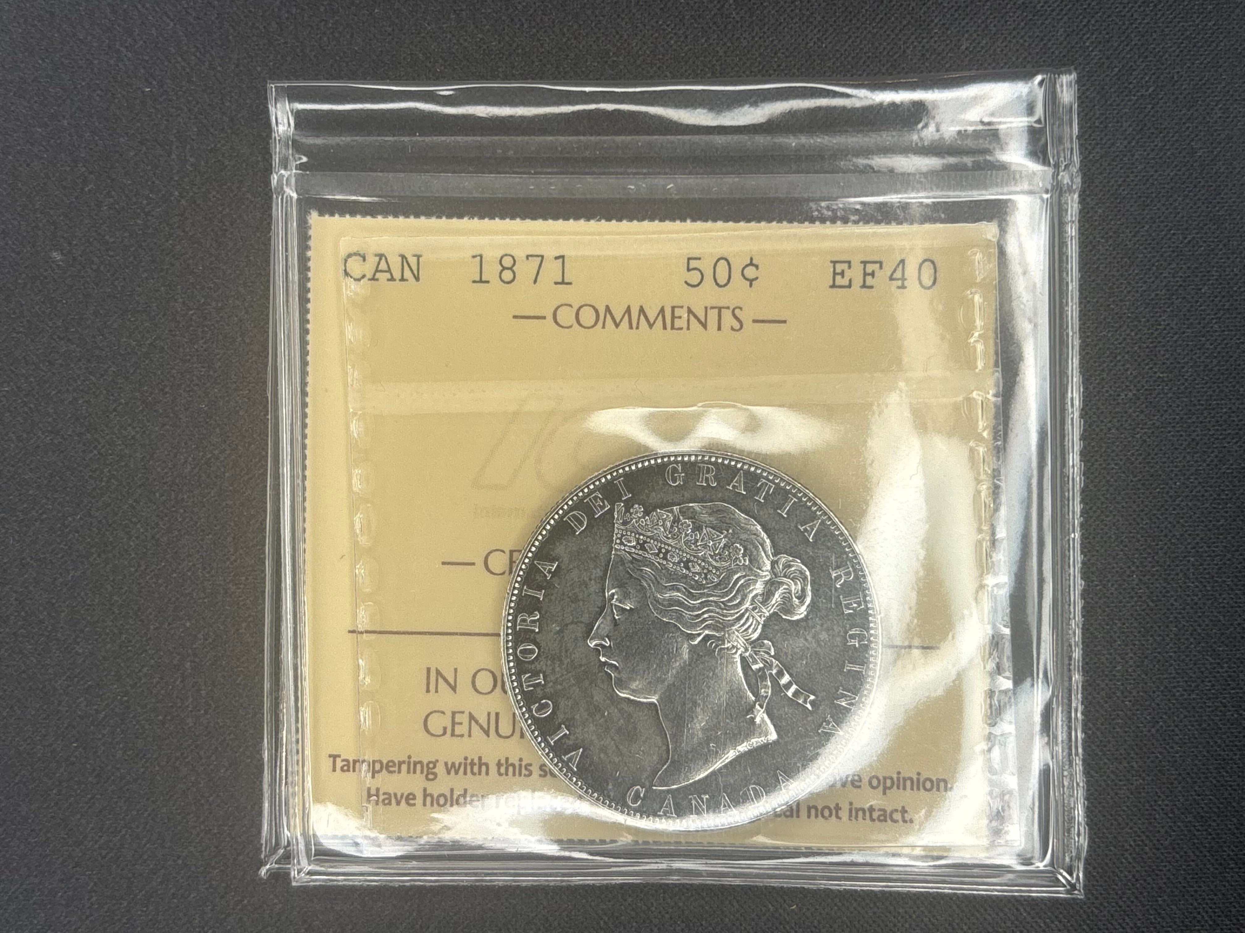 Canada Silver Coin - 50 cents - 1871  - ICCS EF40