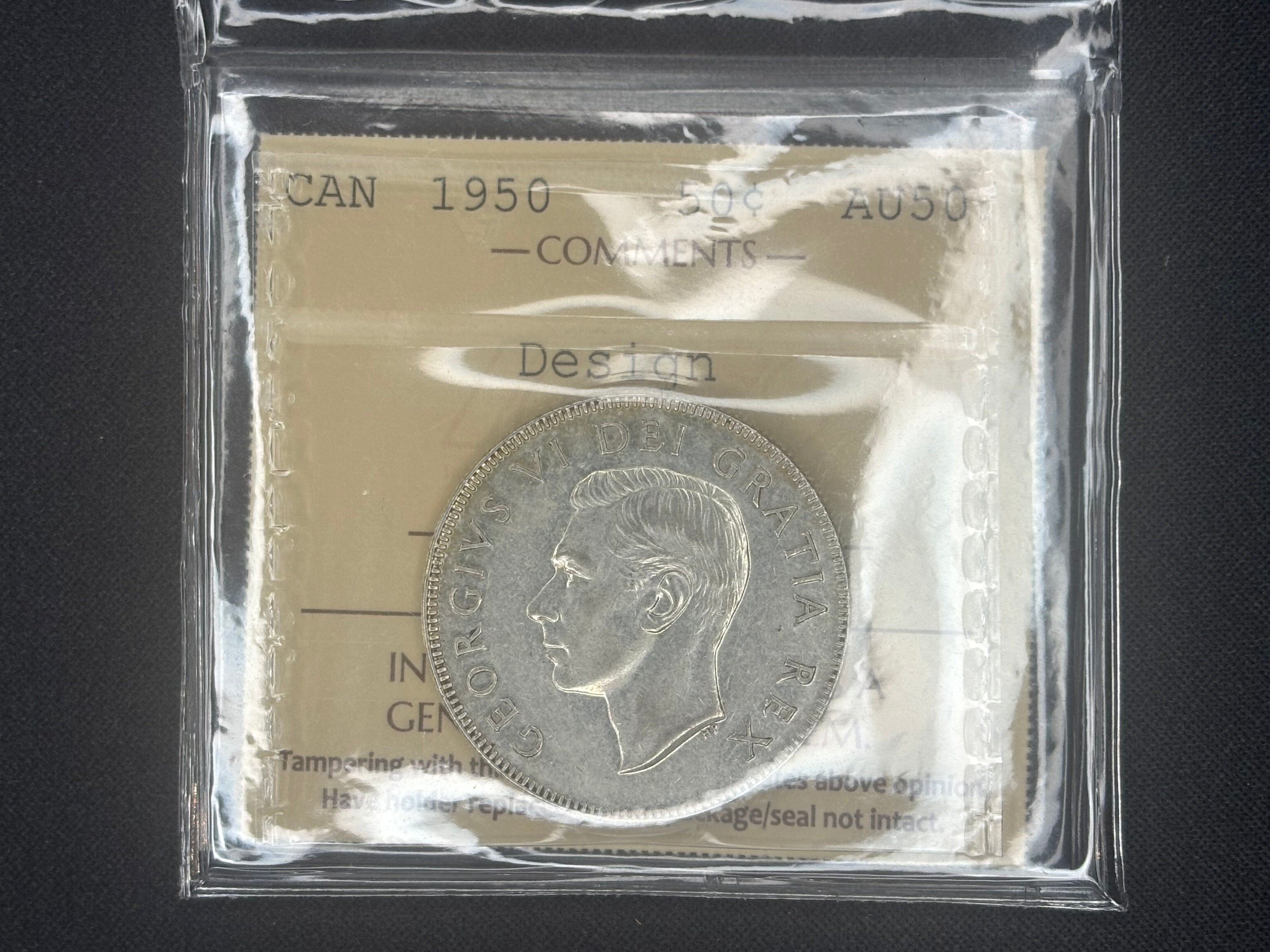 Canadian Silver Coin - 50 cents - 1950 Design in O - AU50 ICCS