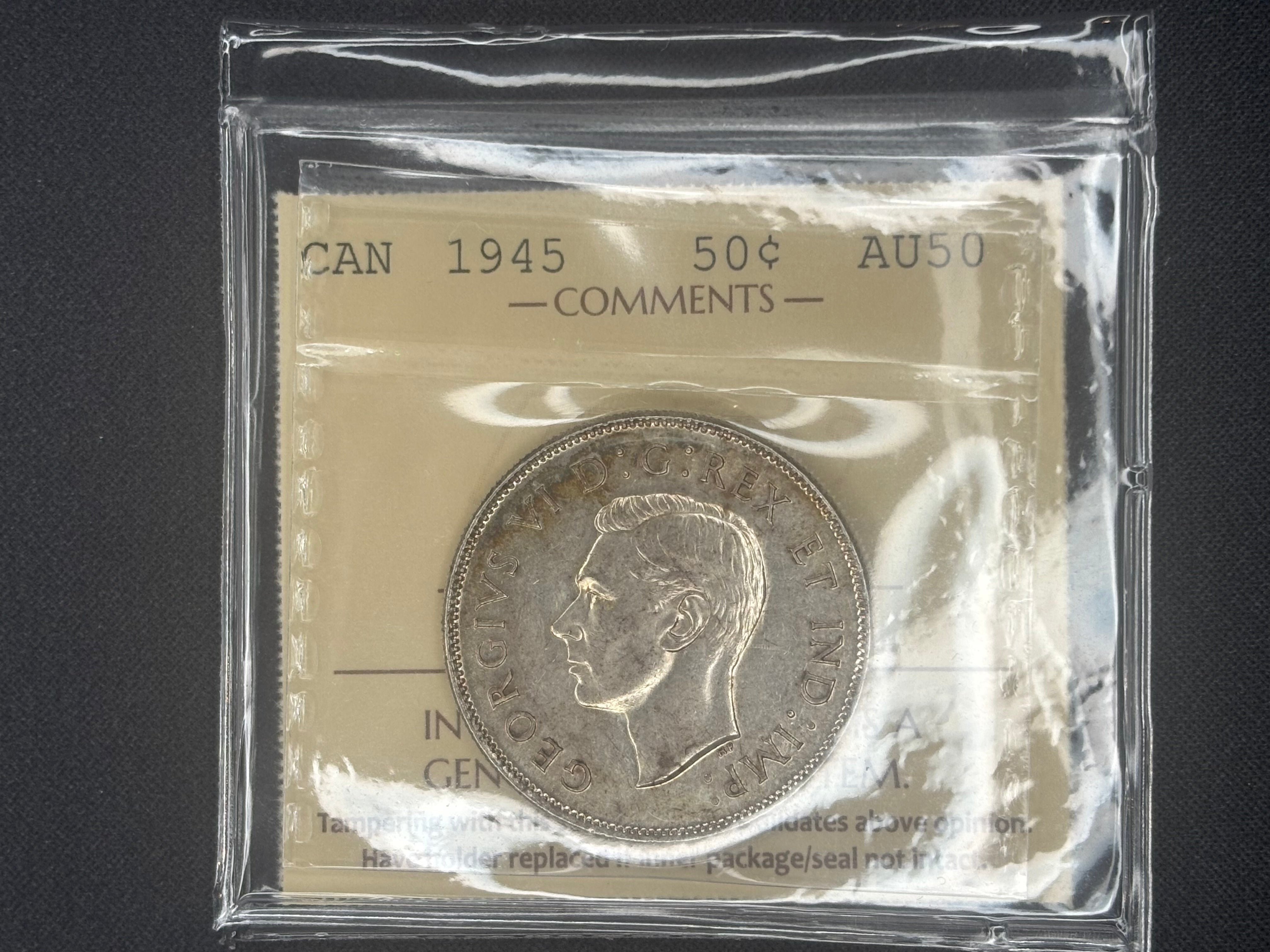 Canada Silver Coin - 50 cents -1945 - AU50 ICCS