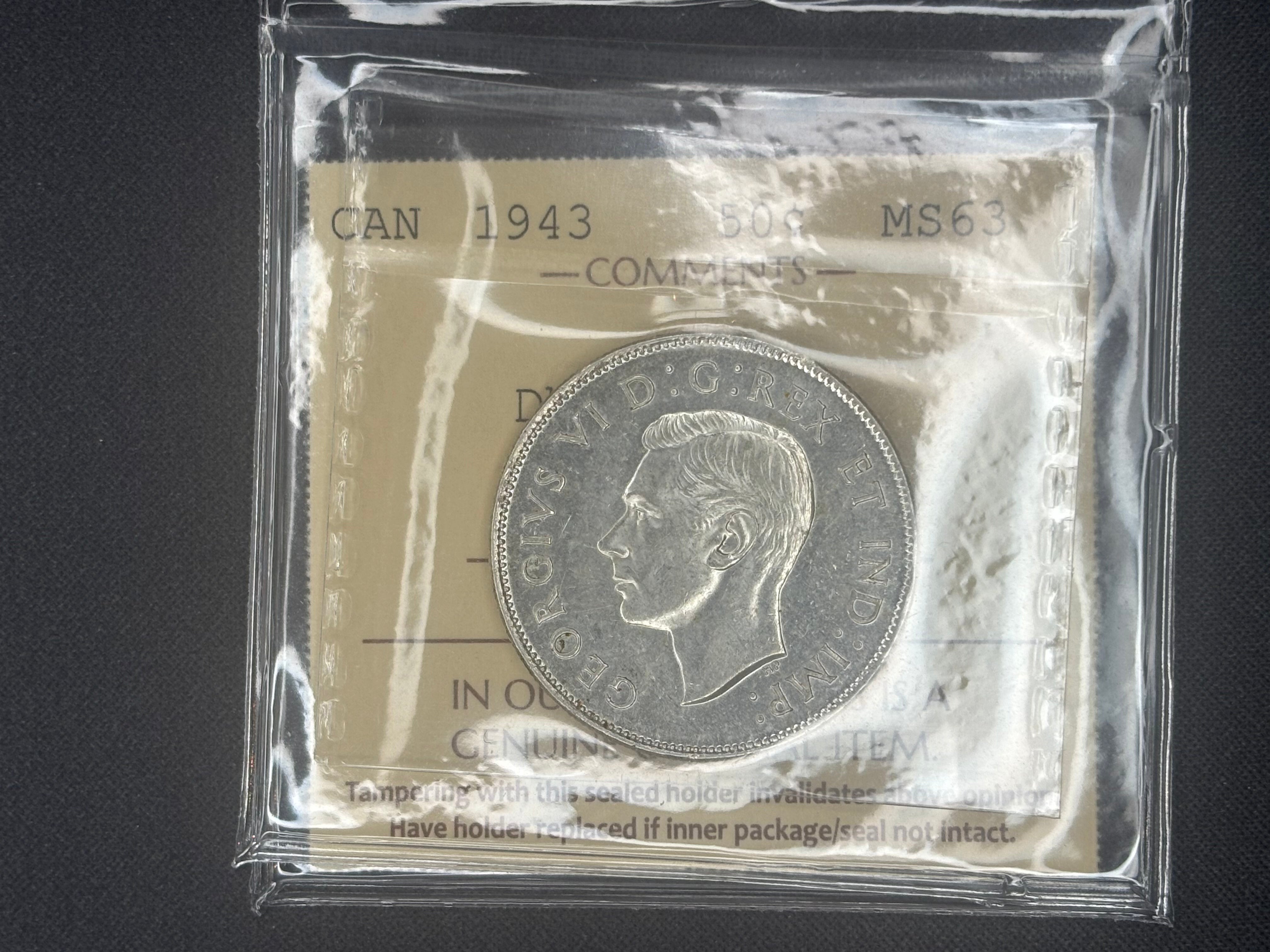 Canada Silver Coin - 50 cents -1943 Double Die 3 - MS63 ICCS