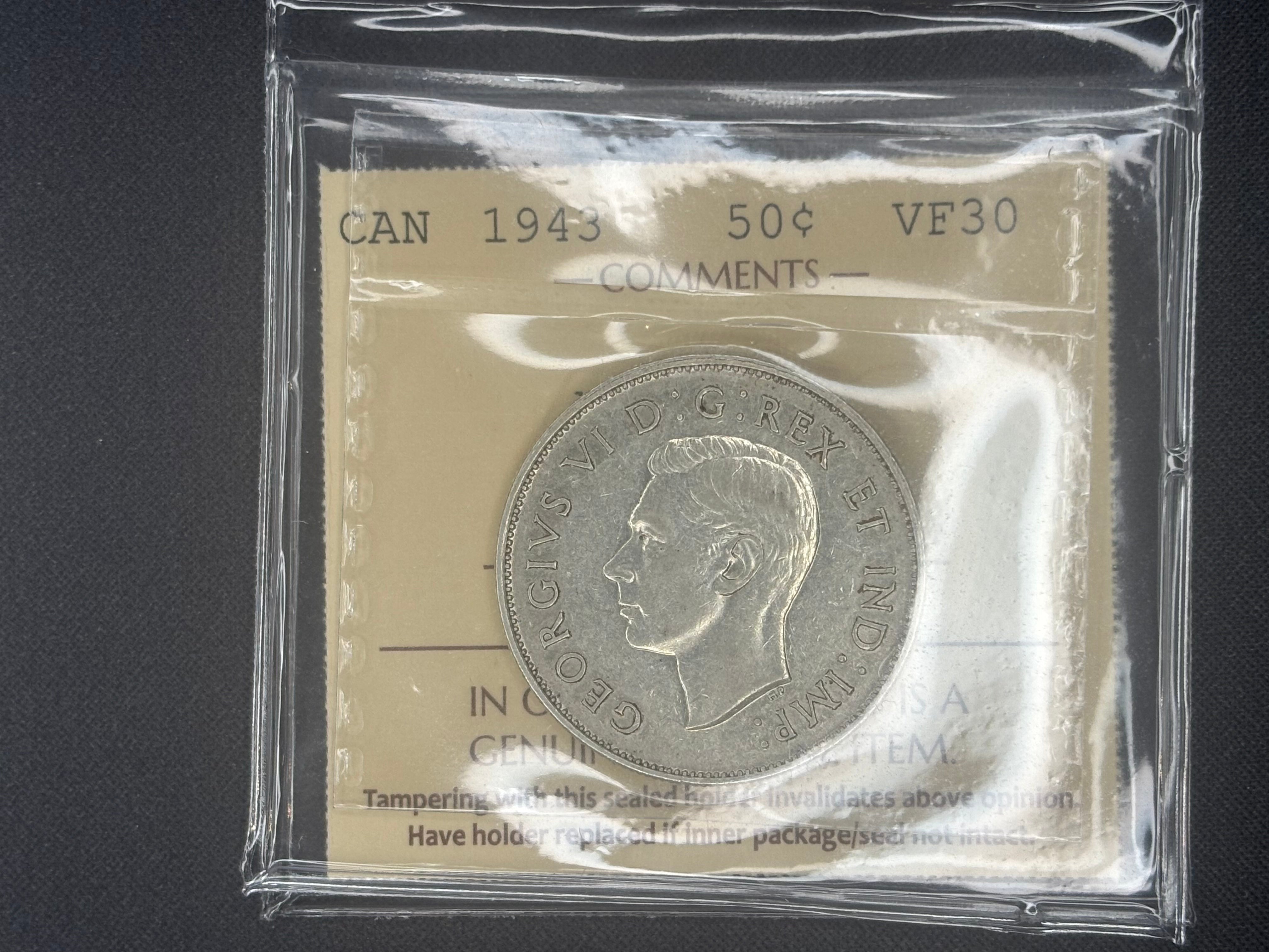 Canadian Silver Coin - 50 cents -  1943 Near 3 - VF30 ICCS