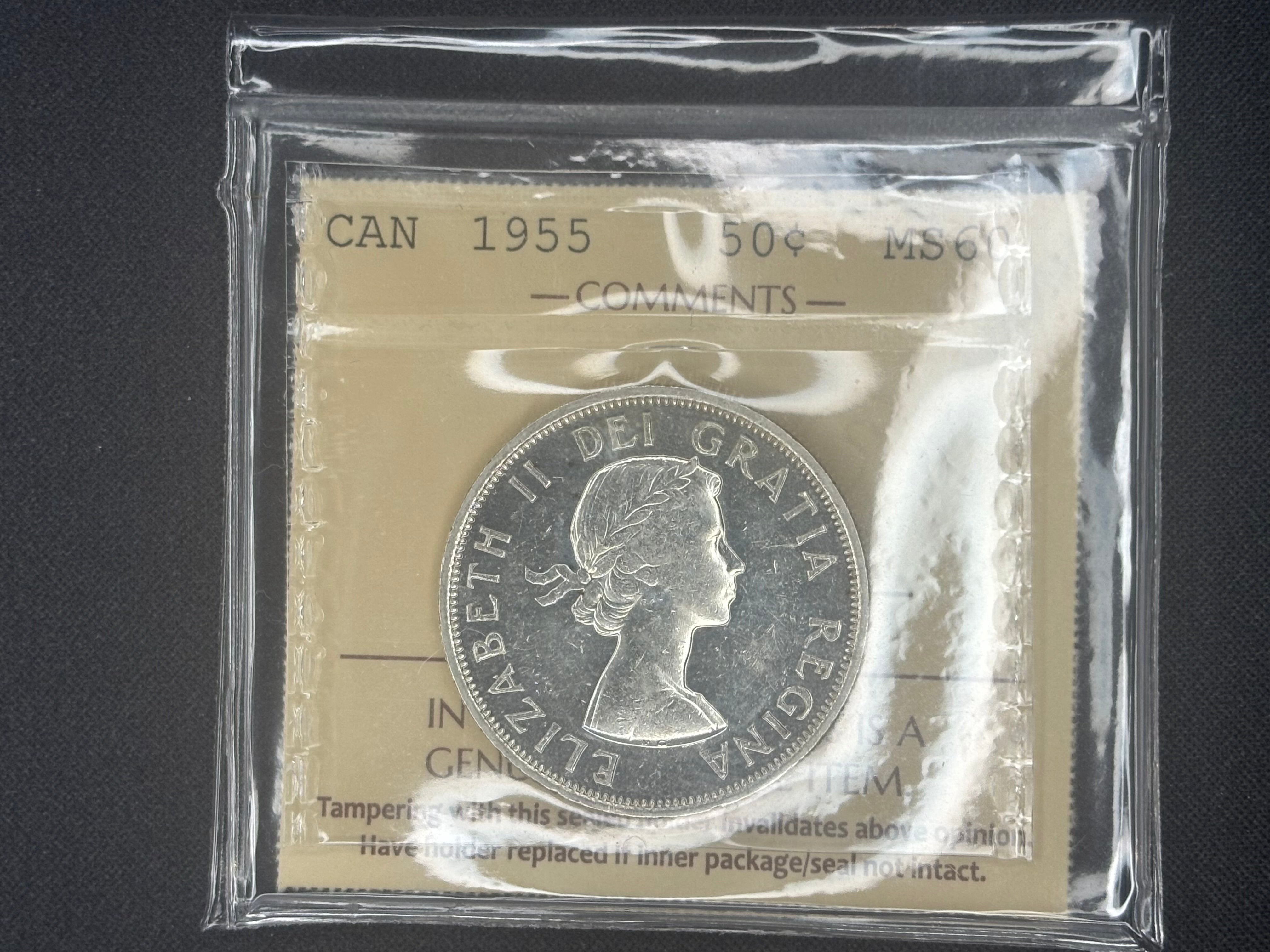 Canada Silver Coin - 50 cents -1955 - MS60 ICCS