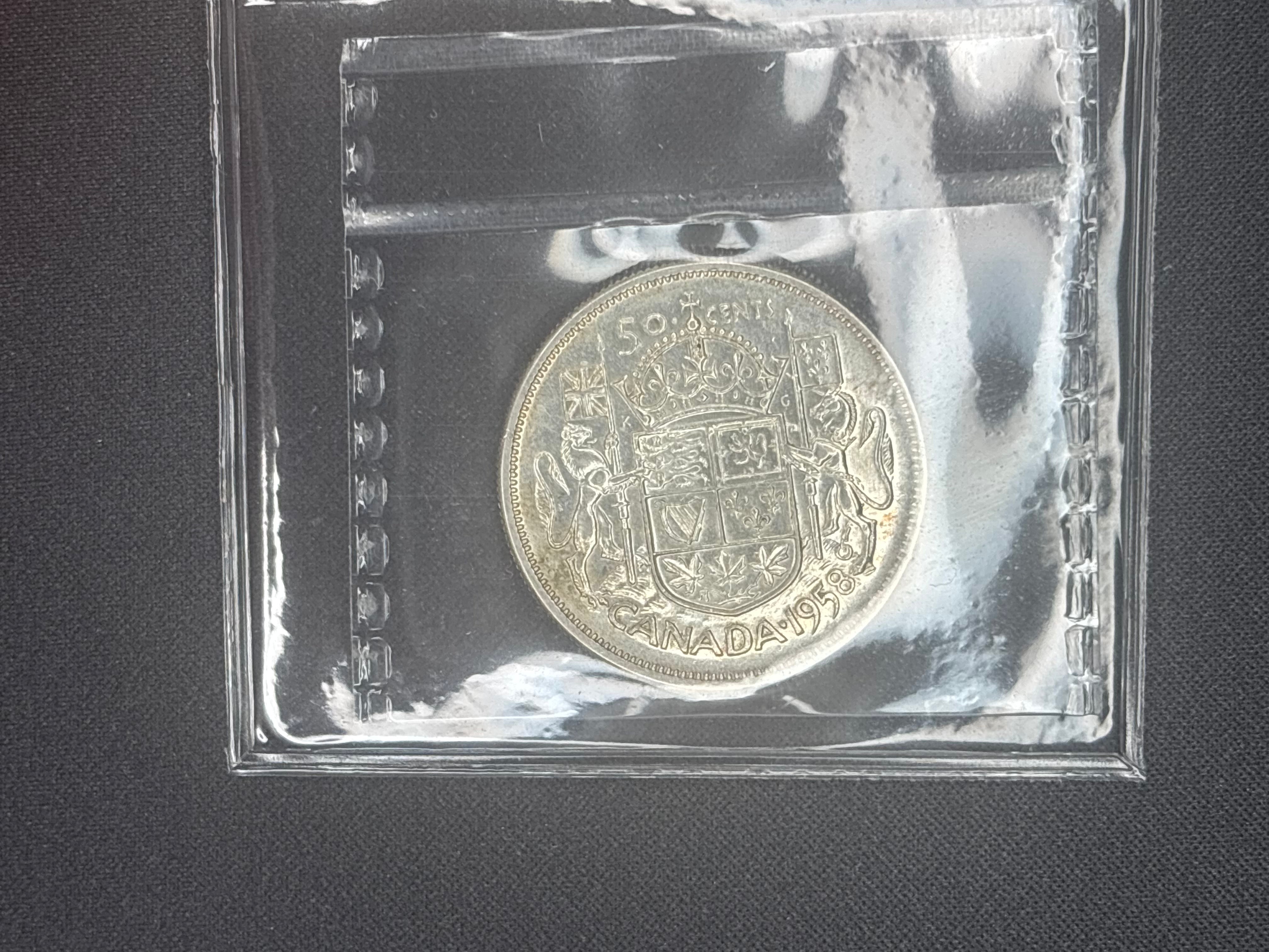 Canada Silver Coin - 50 cents -1958 Dot - AU50 ICCS