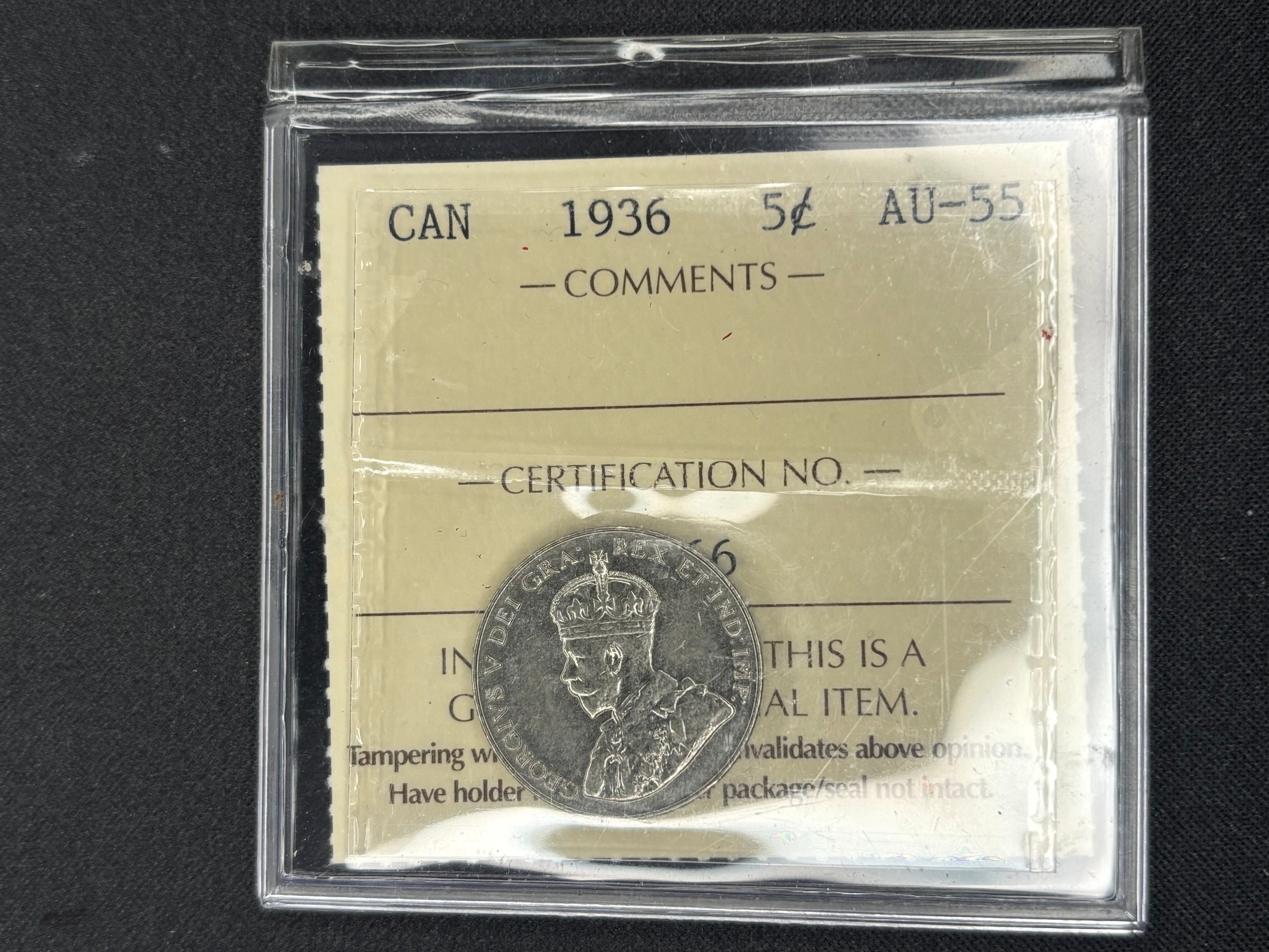 Canadian Nickel Coin - 5 cents - 1936 - AU55 ICCS