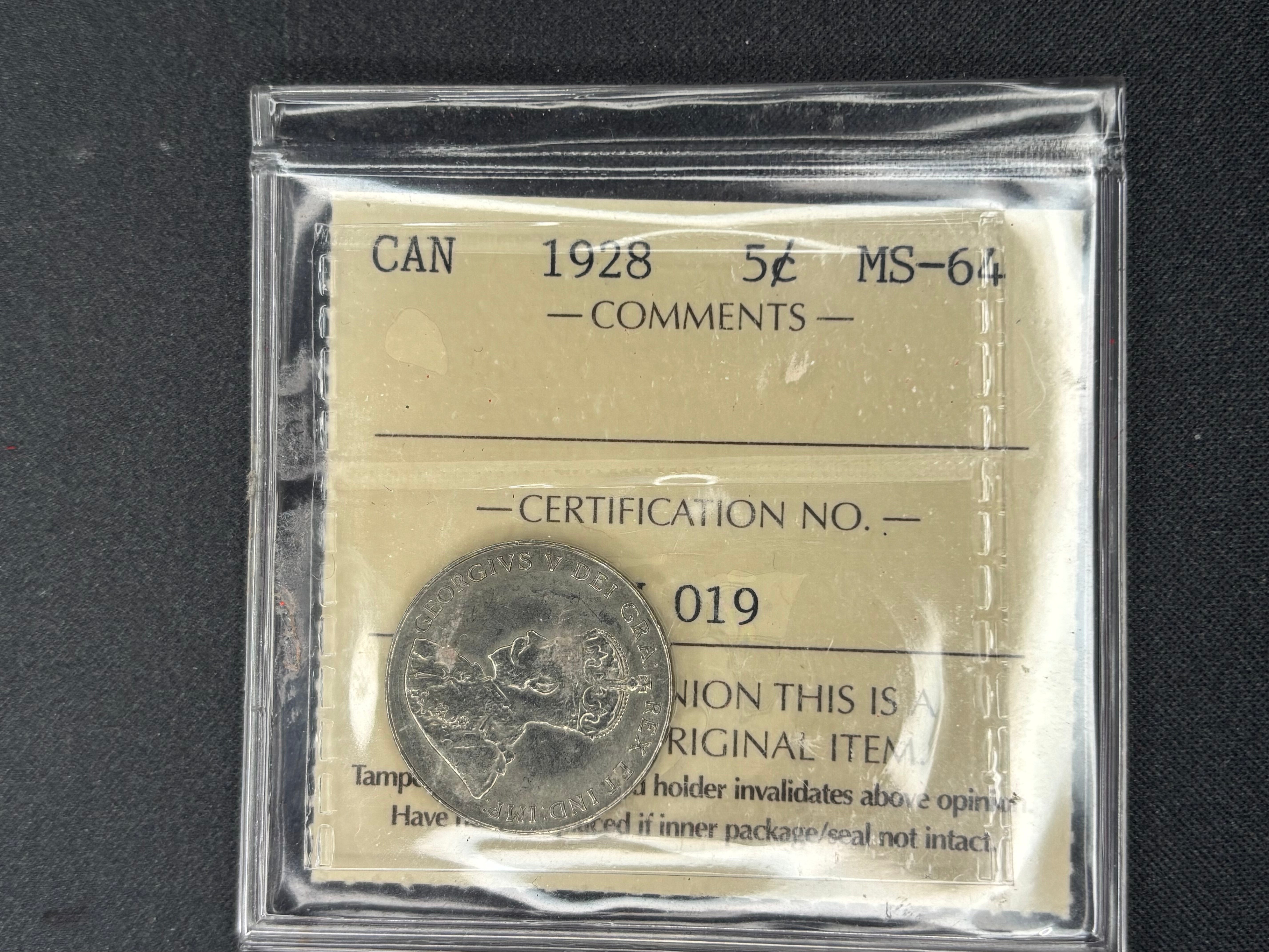 Canadian Nickel Coin - 5 cents - 1928 - MS64 ICCS