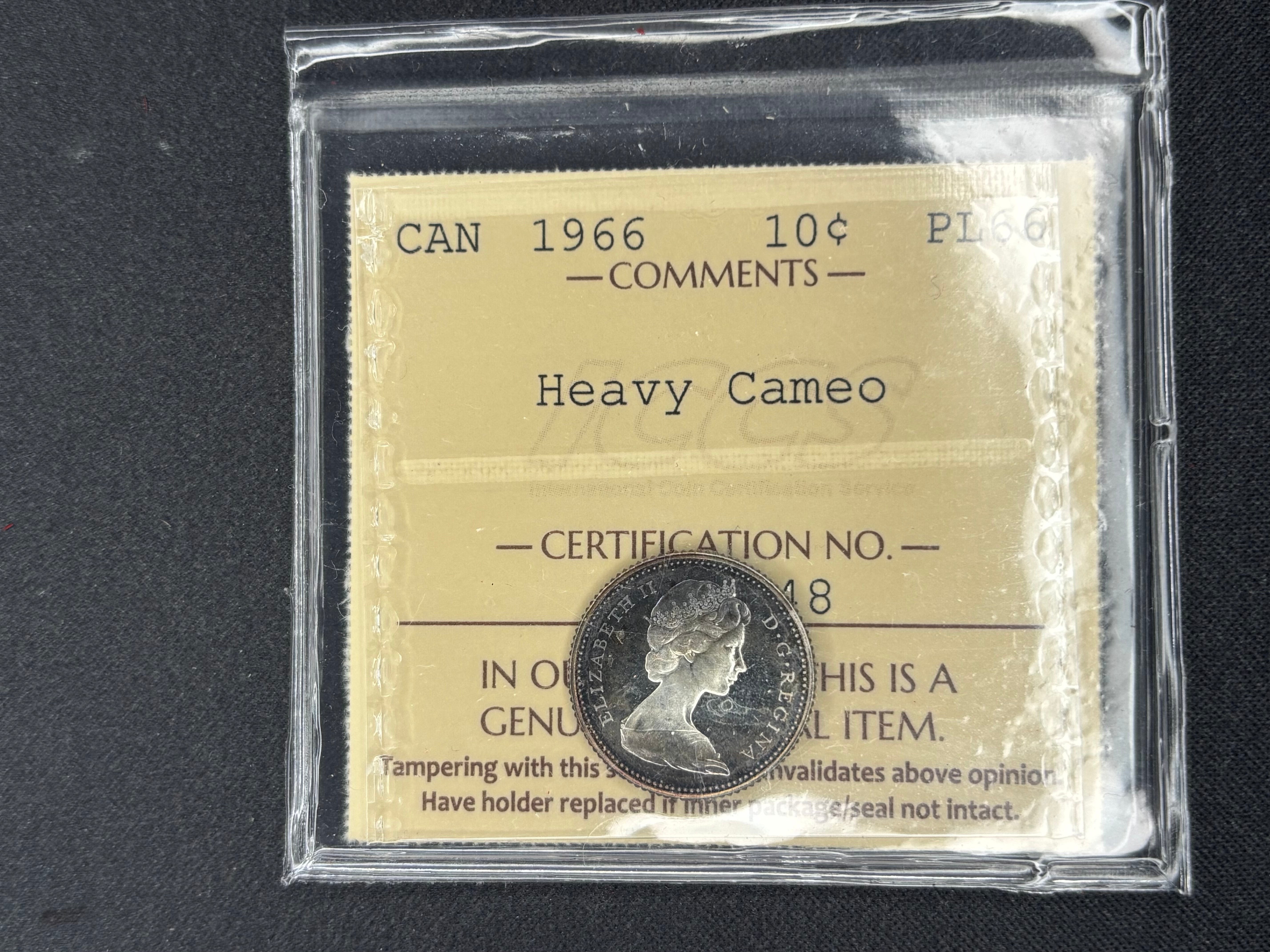 Canadian Coin - 10 cents - 1966 Heavy Cameo - PL66 ICCS