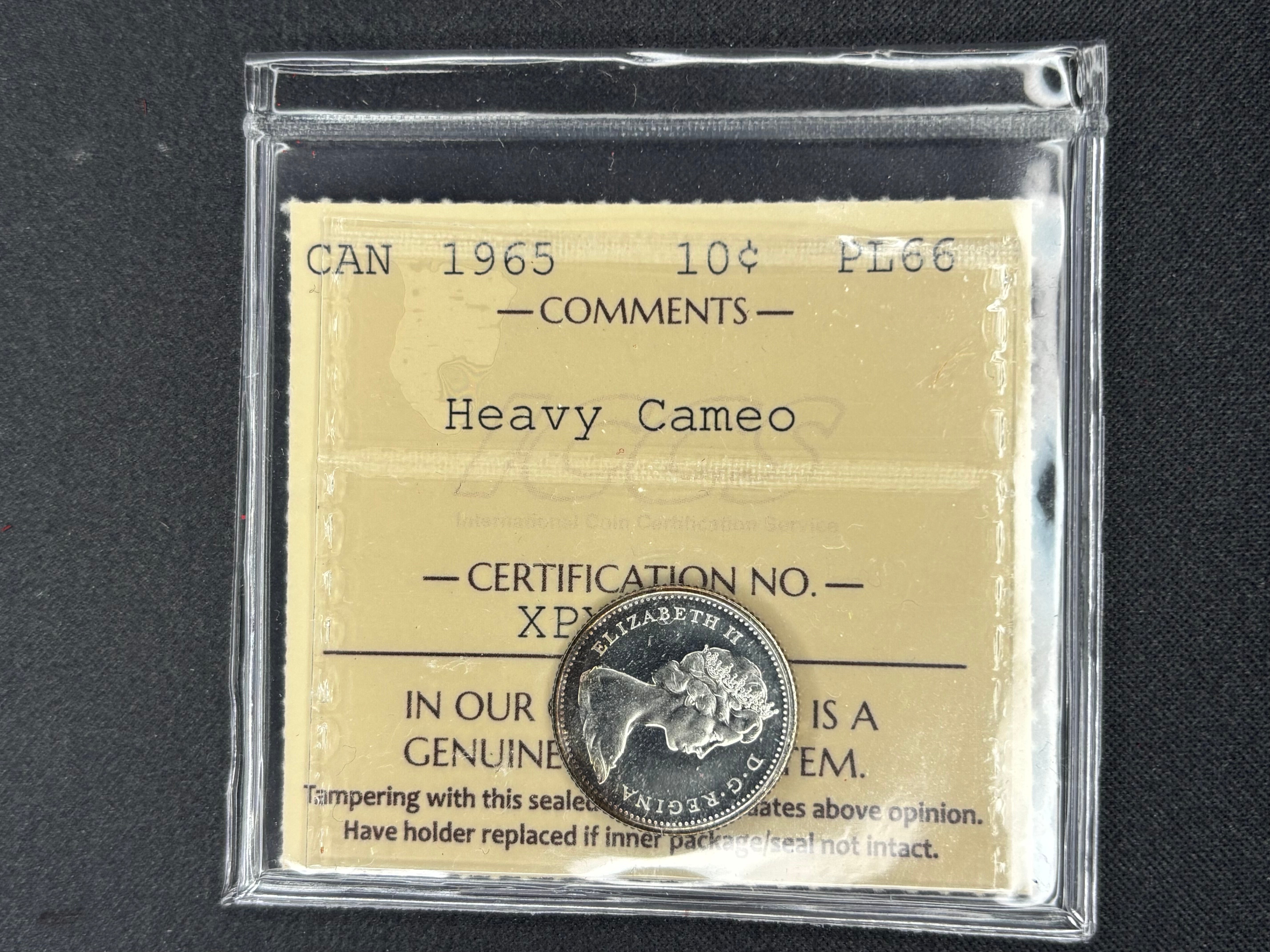 Canadian Coin - 10 cents - 1965 Heavy Cameo - PL66 ICCS