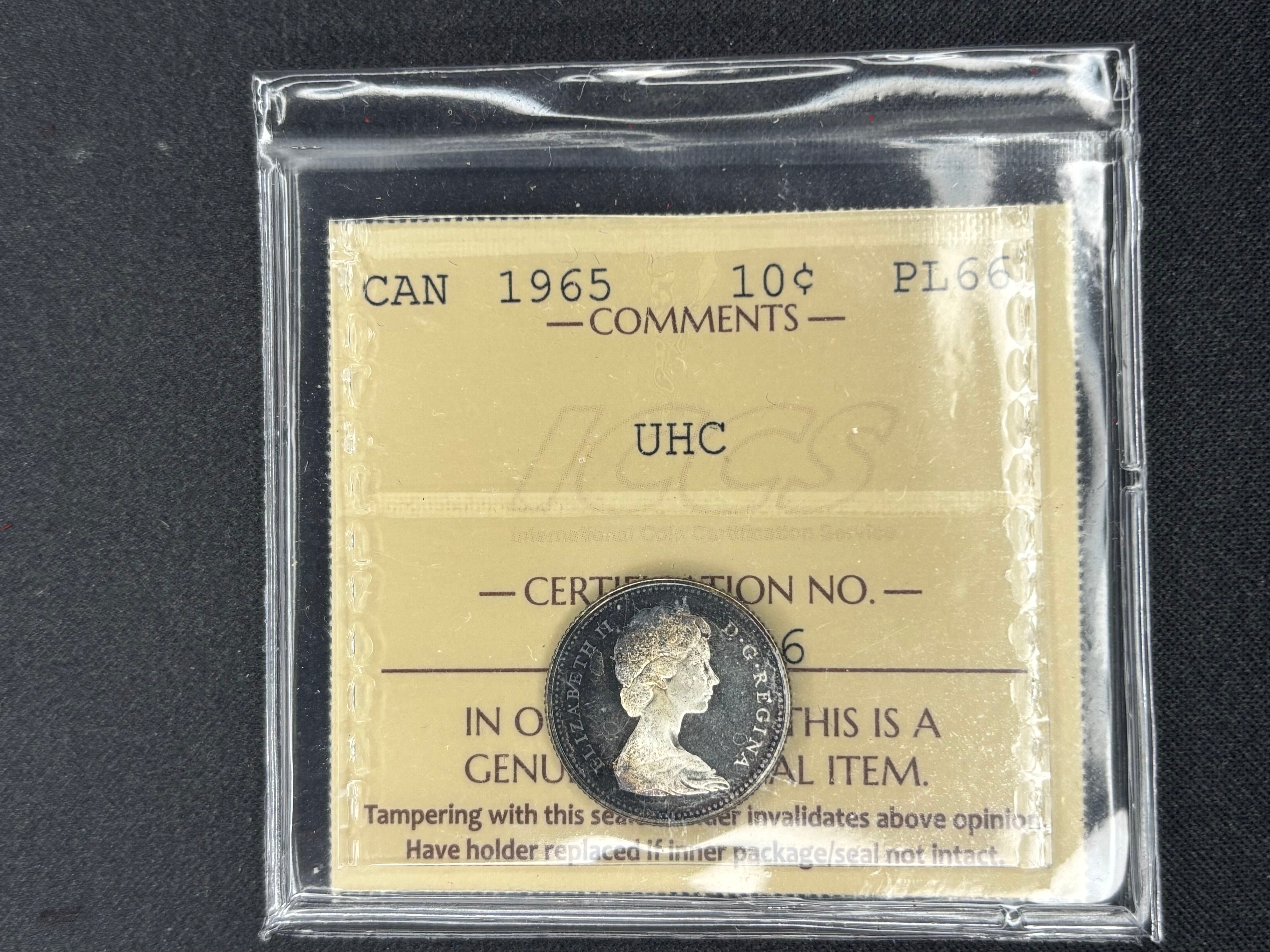 Canadian Coin - 10 cents - 1965 Toned UHC - PL66 ICCS