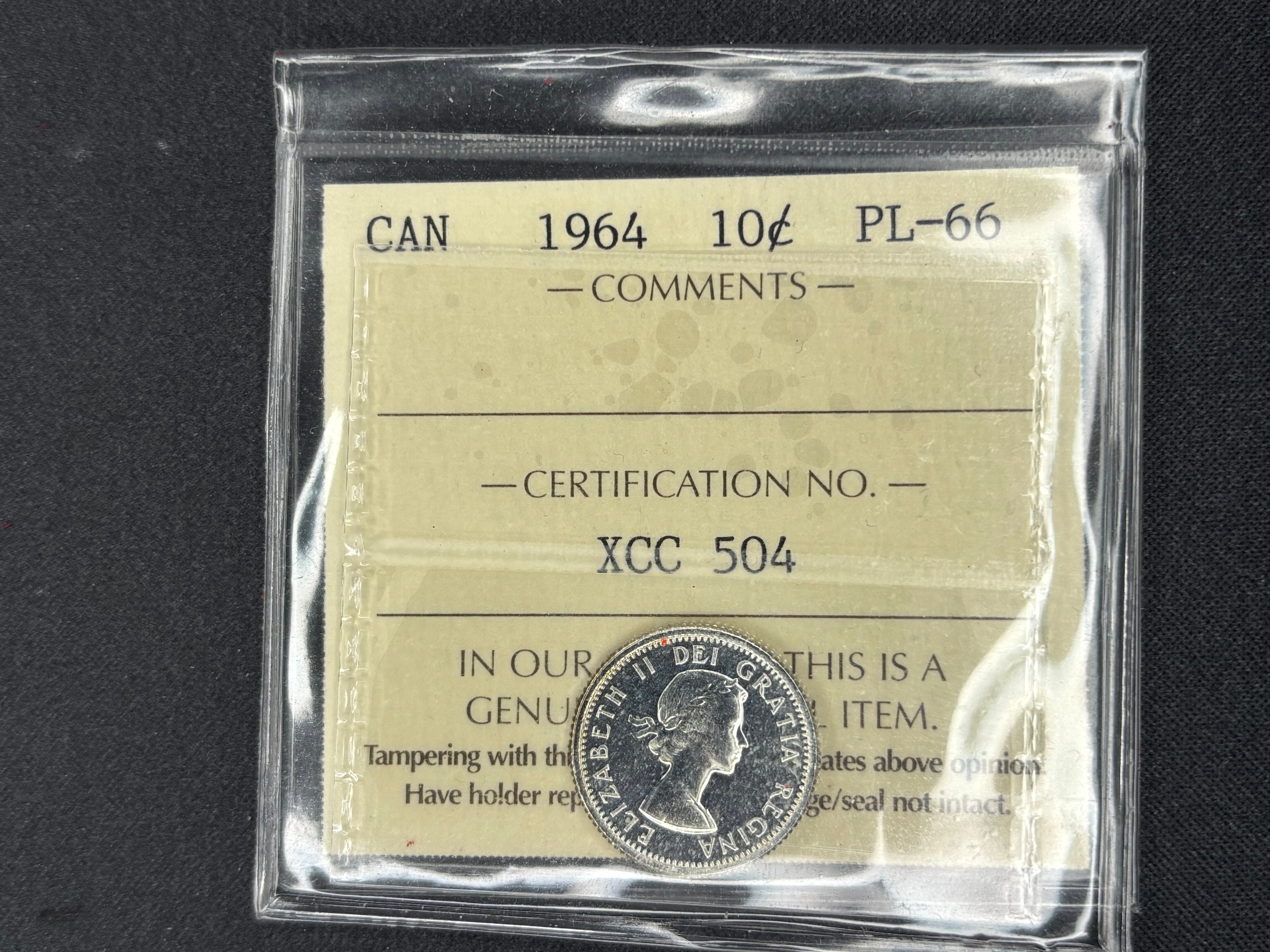 Canadian Coin - 10 cents - 1964 PL66 ICCS