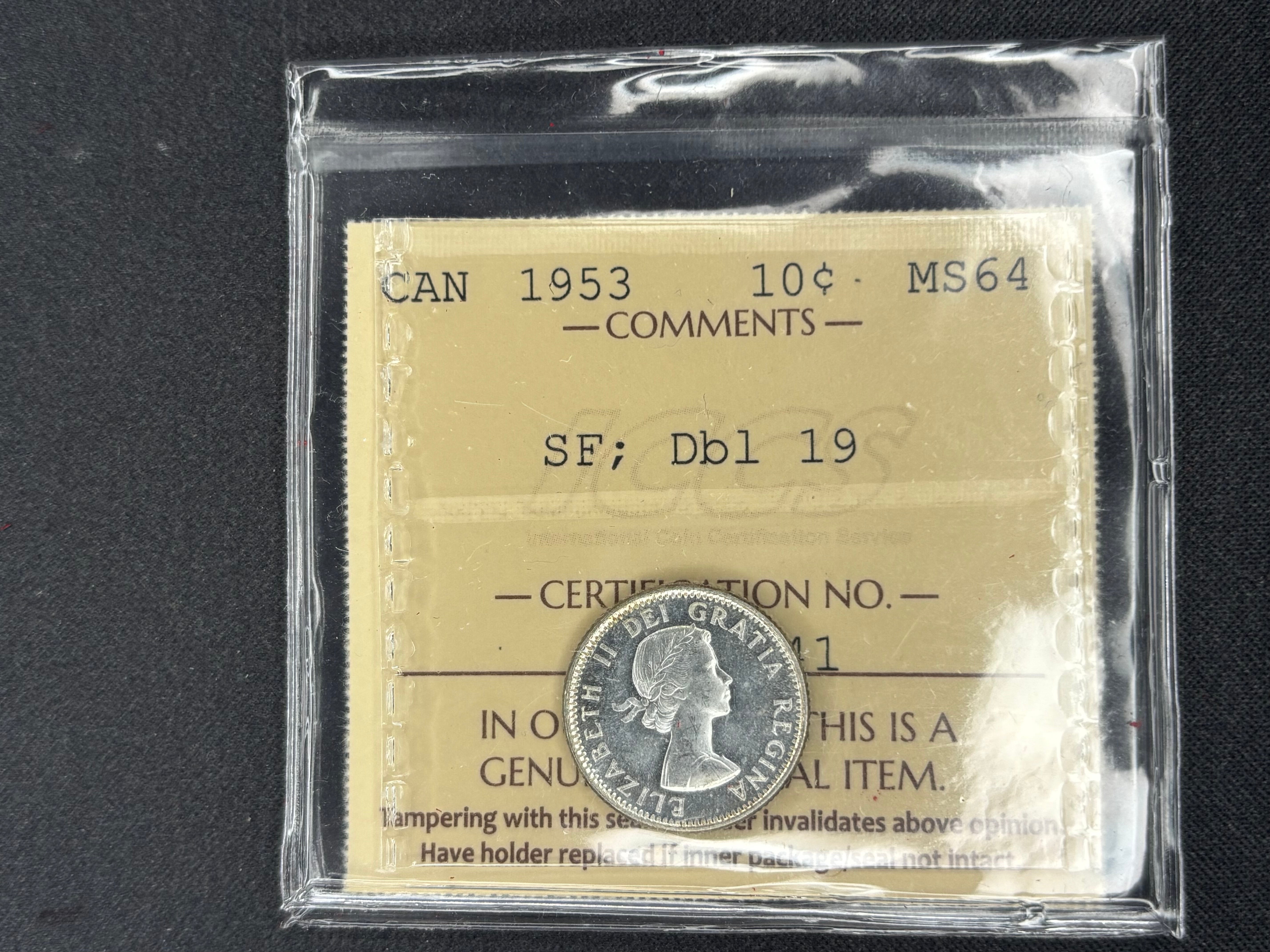 Canadian Coin - 10 cents - 1953 SD Dbl -  MS64 ICCS
