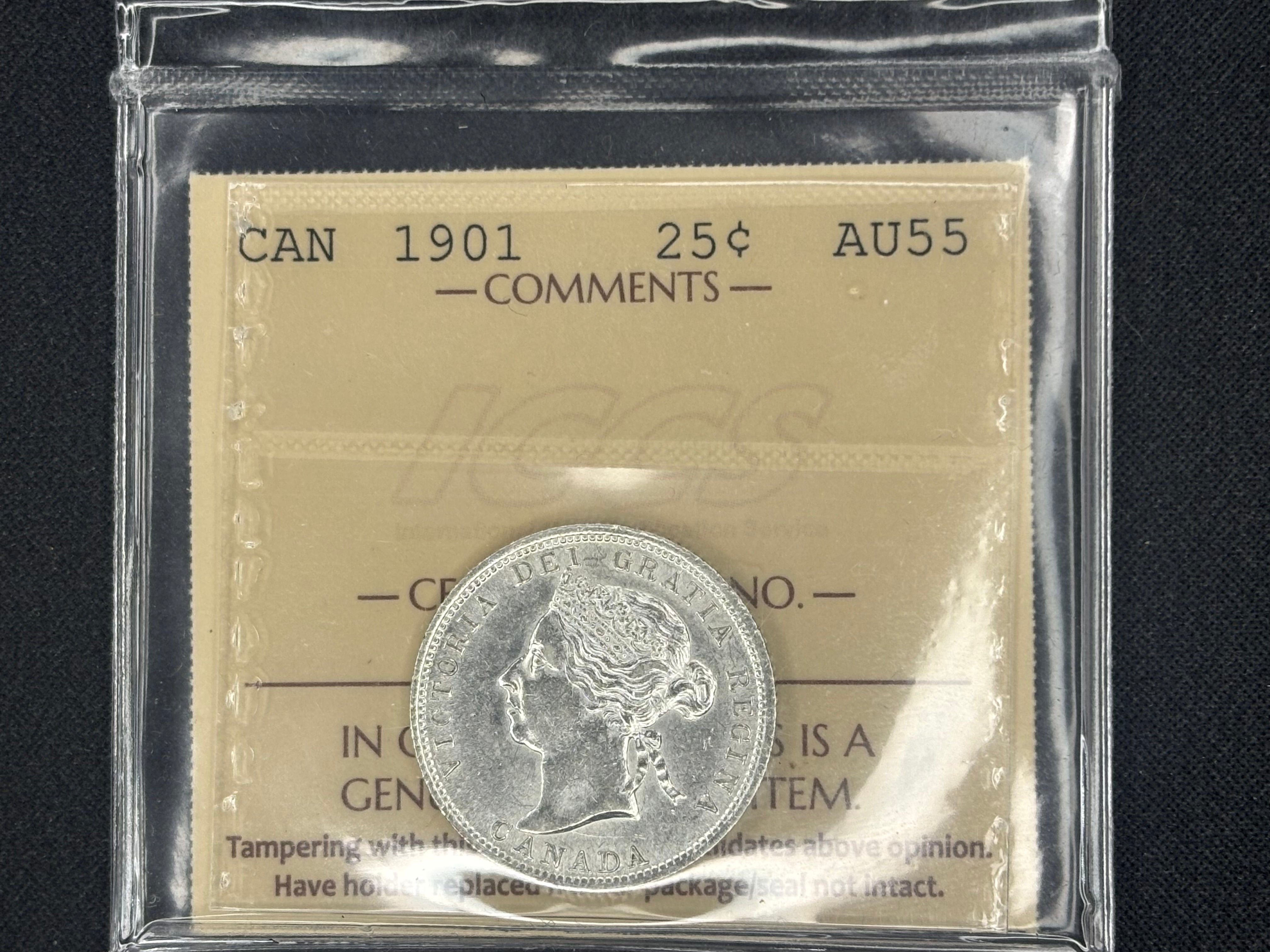Canadian Silver Coin - 25 cents - 1901 AU55 ICCS