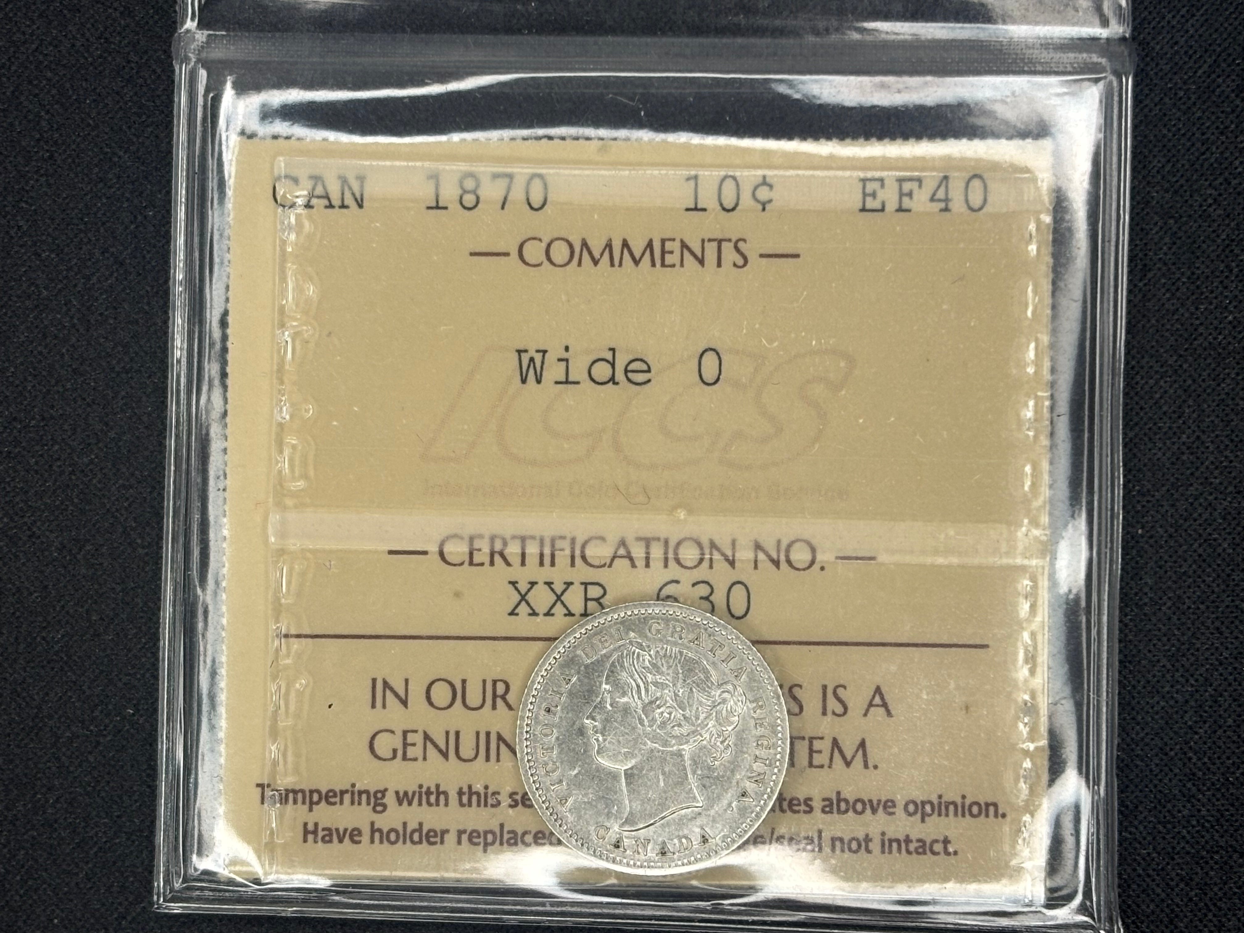 Canadian Silver Coin - 10 cents - 1870 Wide 0 - AU50 ICCS