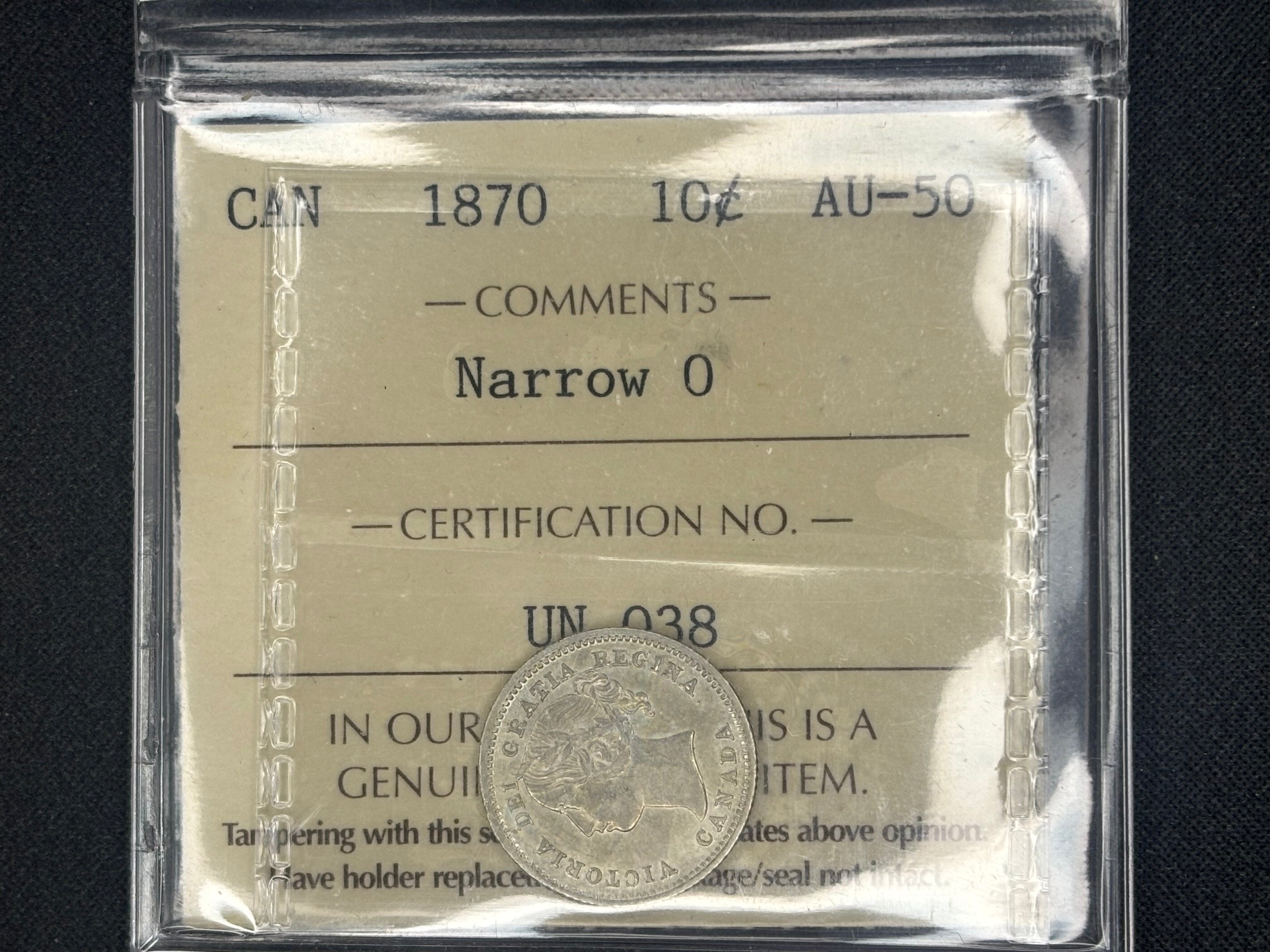 Canadian Silver Coin - 10 cents - 1870 Narrow 0 - AU50 ICCS