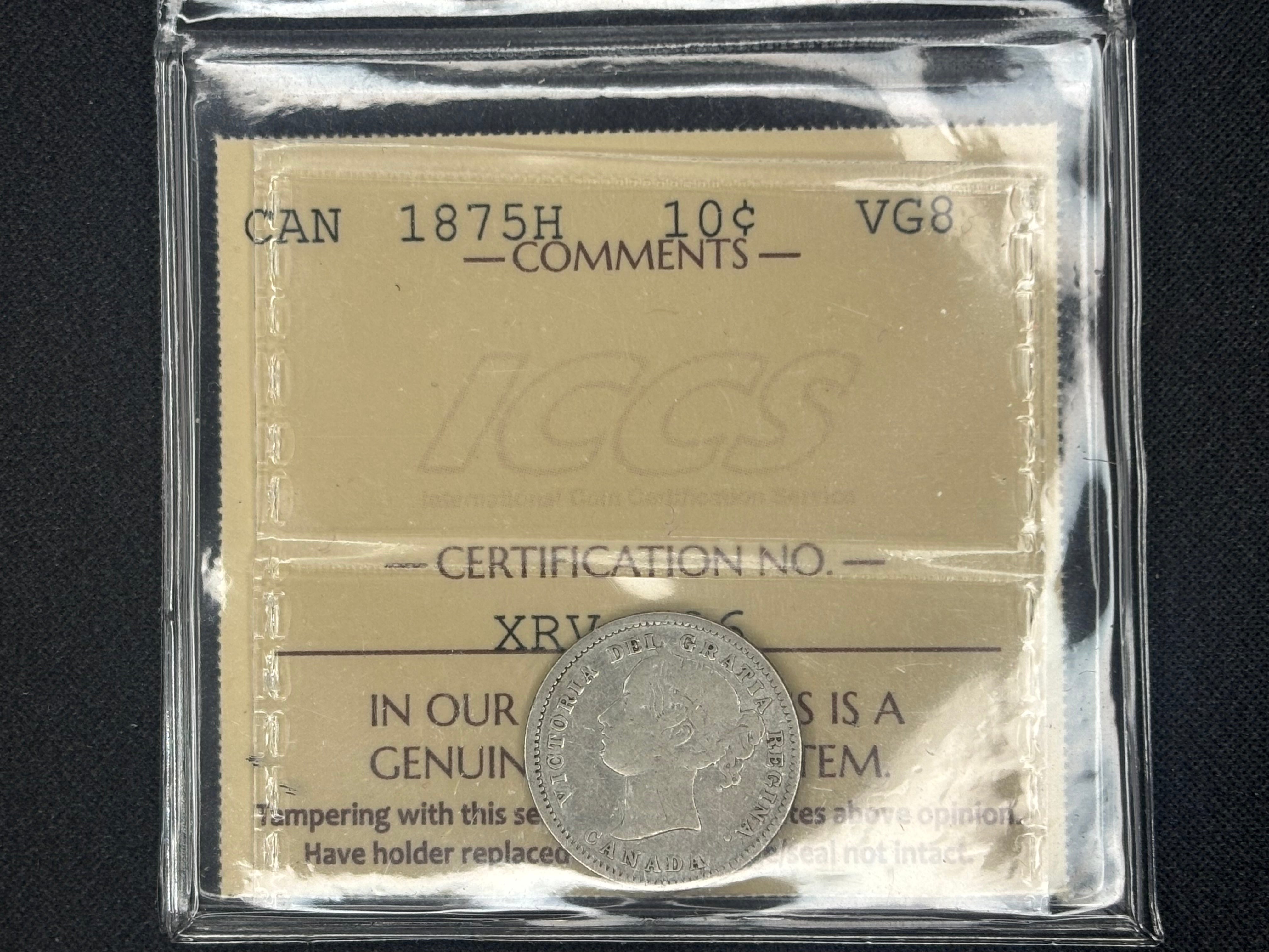 Key dateCanadian Silver Coin - 10 cents - 1875H VG8 ICCS