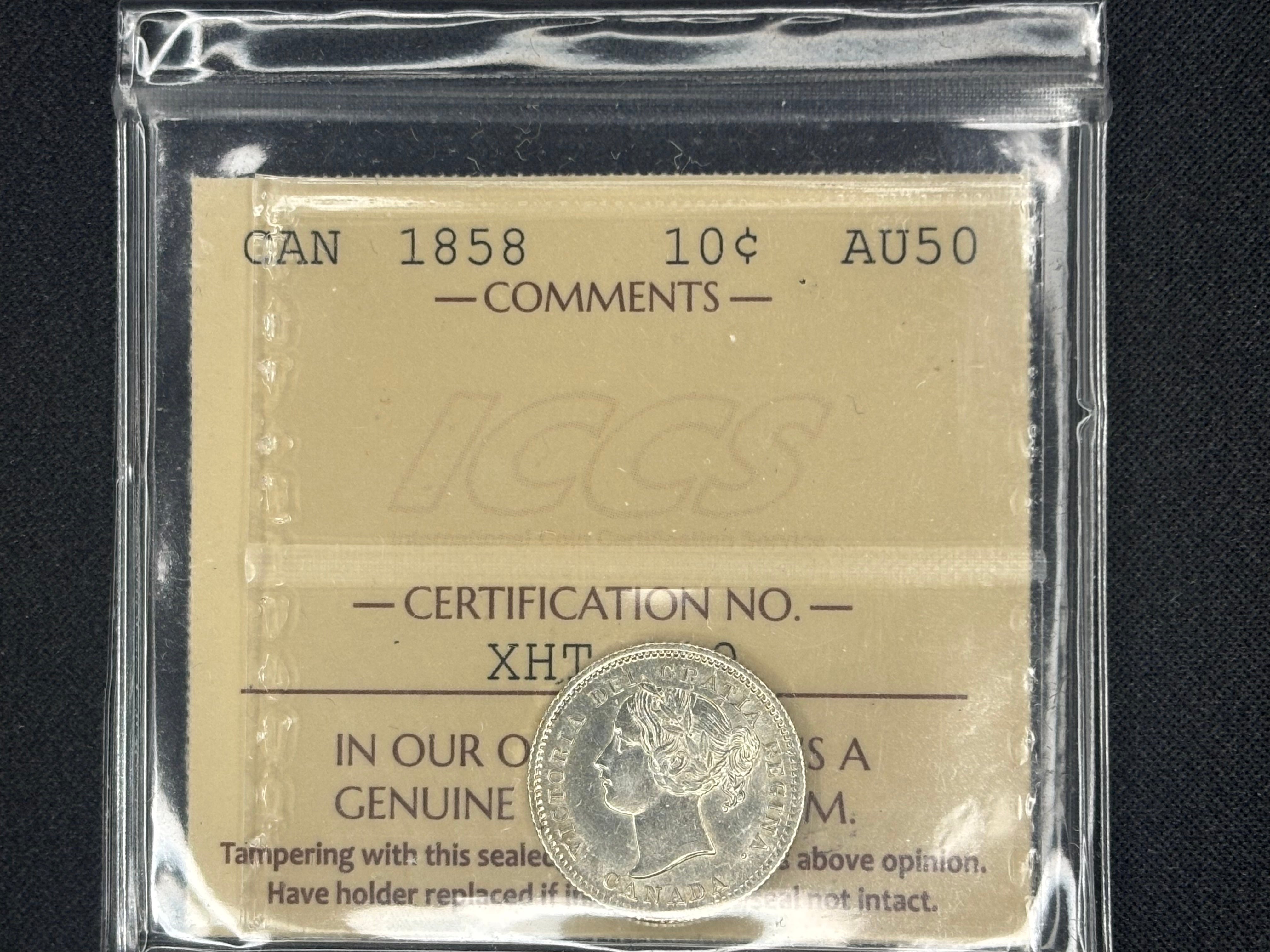 Canadian Silver Coin - 10 cents - 1858 AU50 ICCS