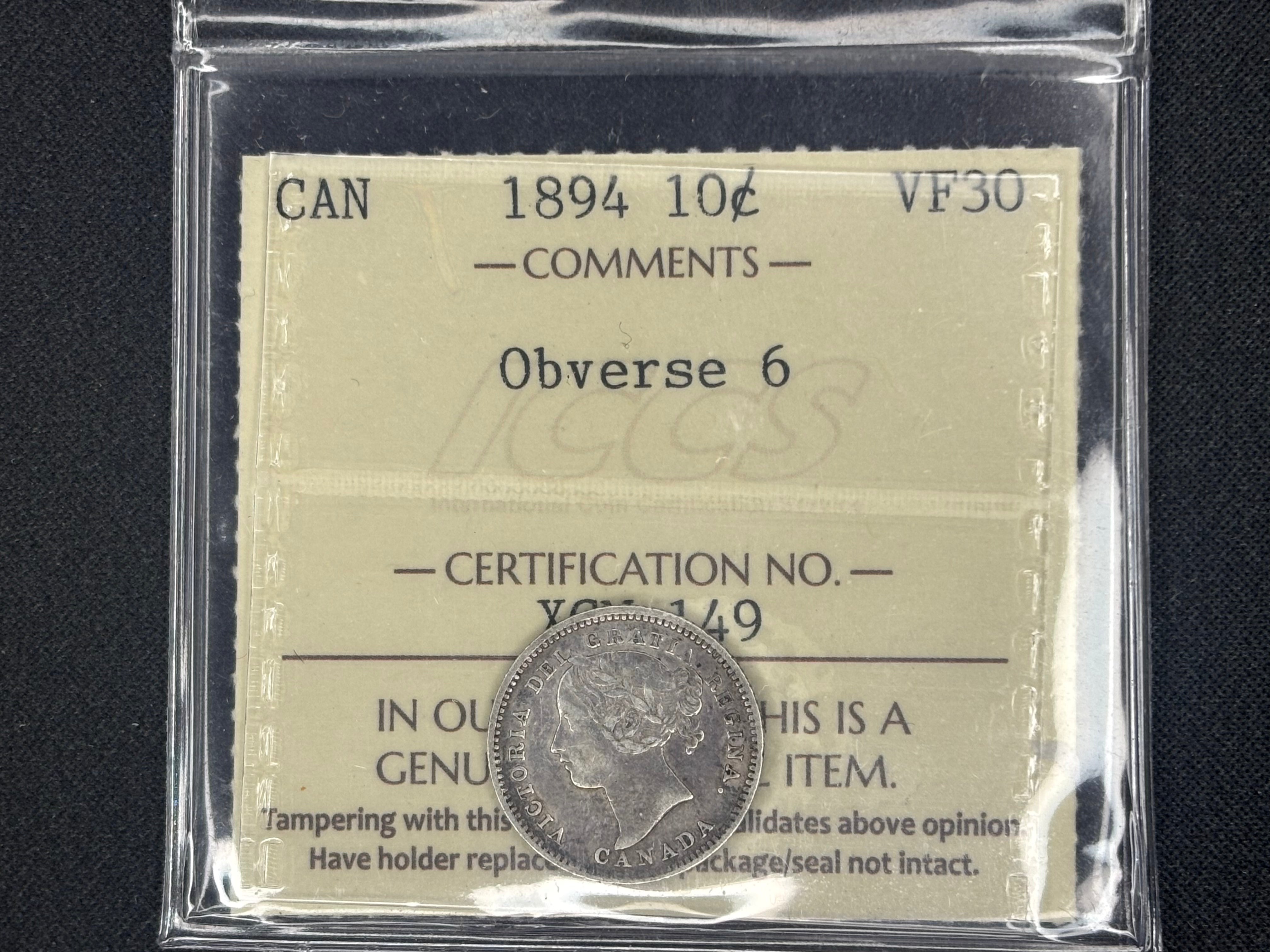 Canadian Silver Coin - 10 cents - 1894 Obv6 - VF30 ICCS