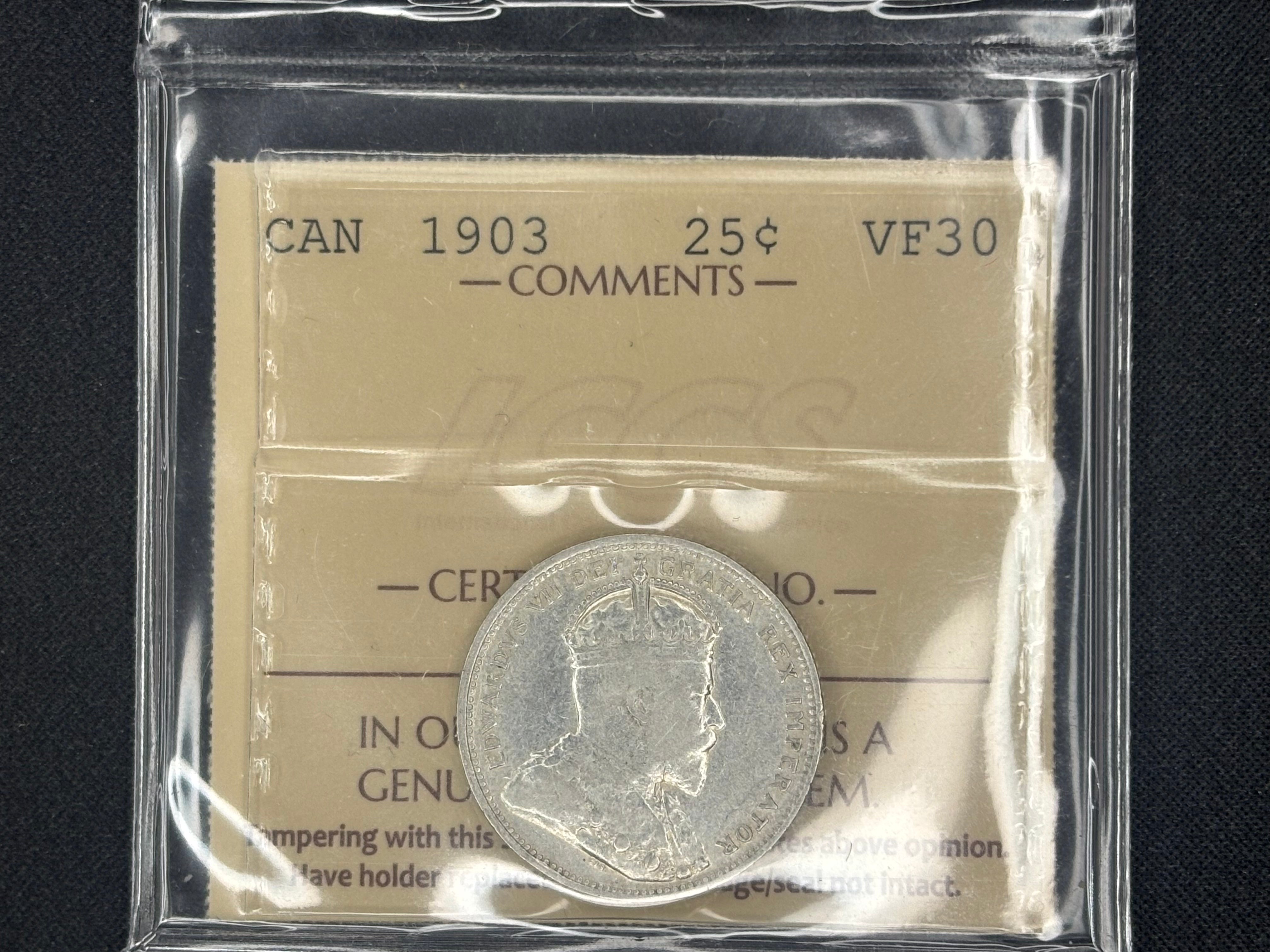 Canadian Silver Coin - 25 cents - 1903 VF30 ICCS