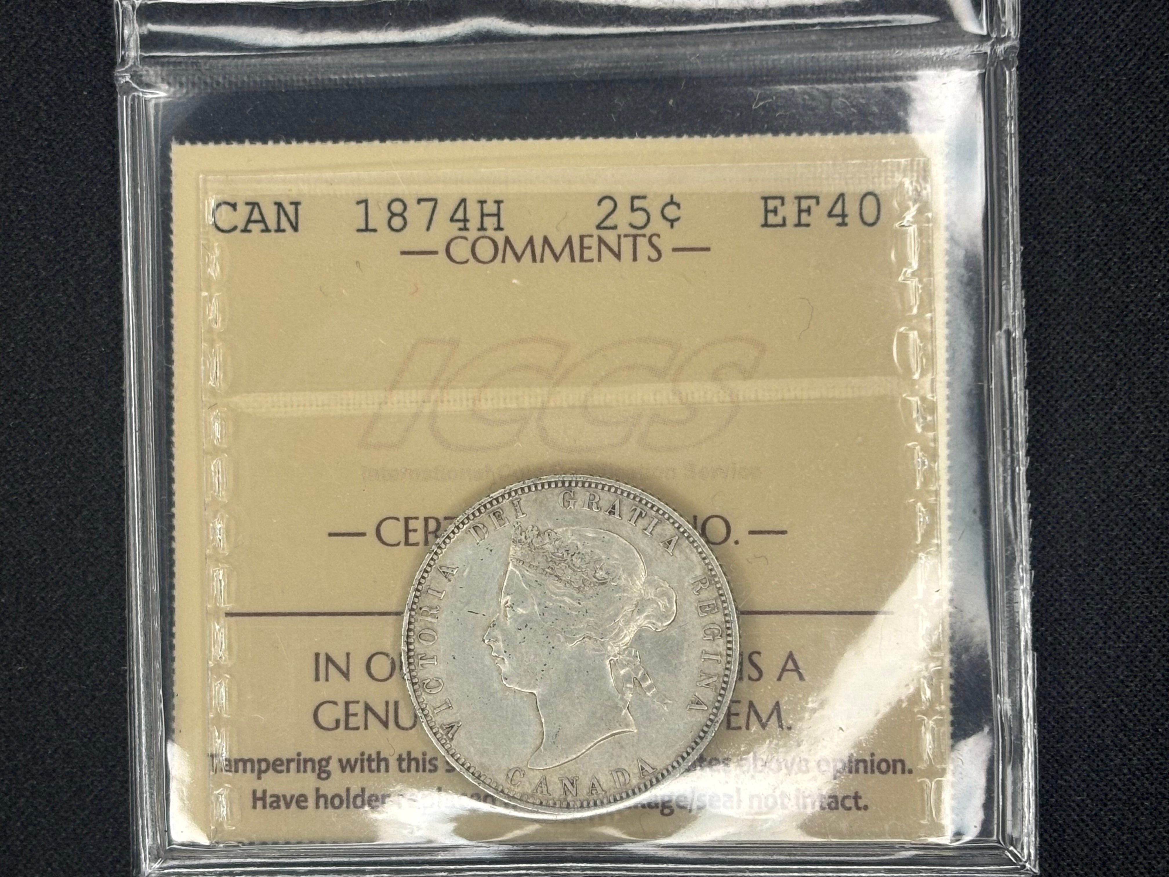 Canadian Silver Coin - 25 cents - 1874H EF40 ICCS