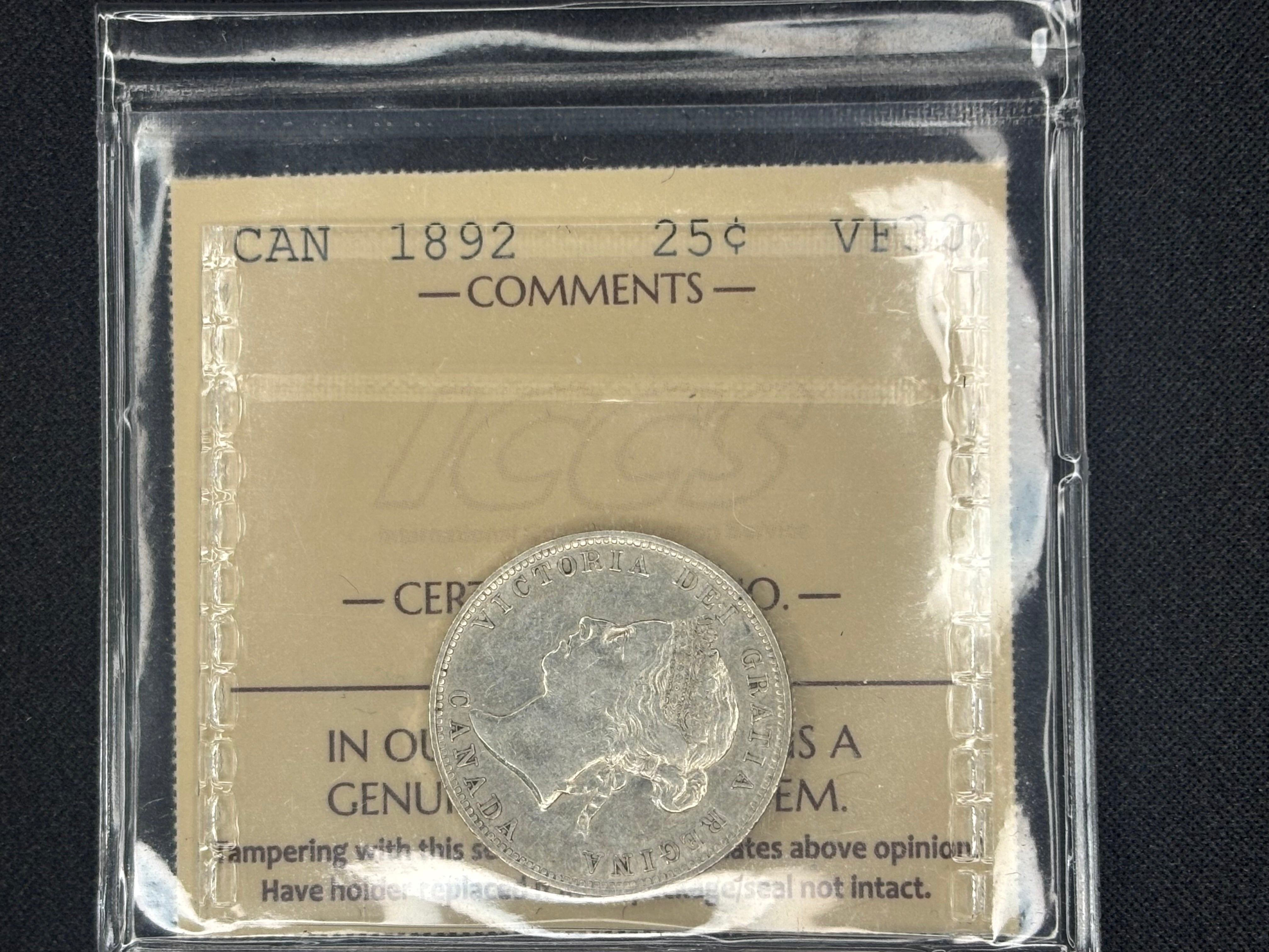 Canadian Silver Coin - 25 cents - 1892 VF30 ICCS