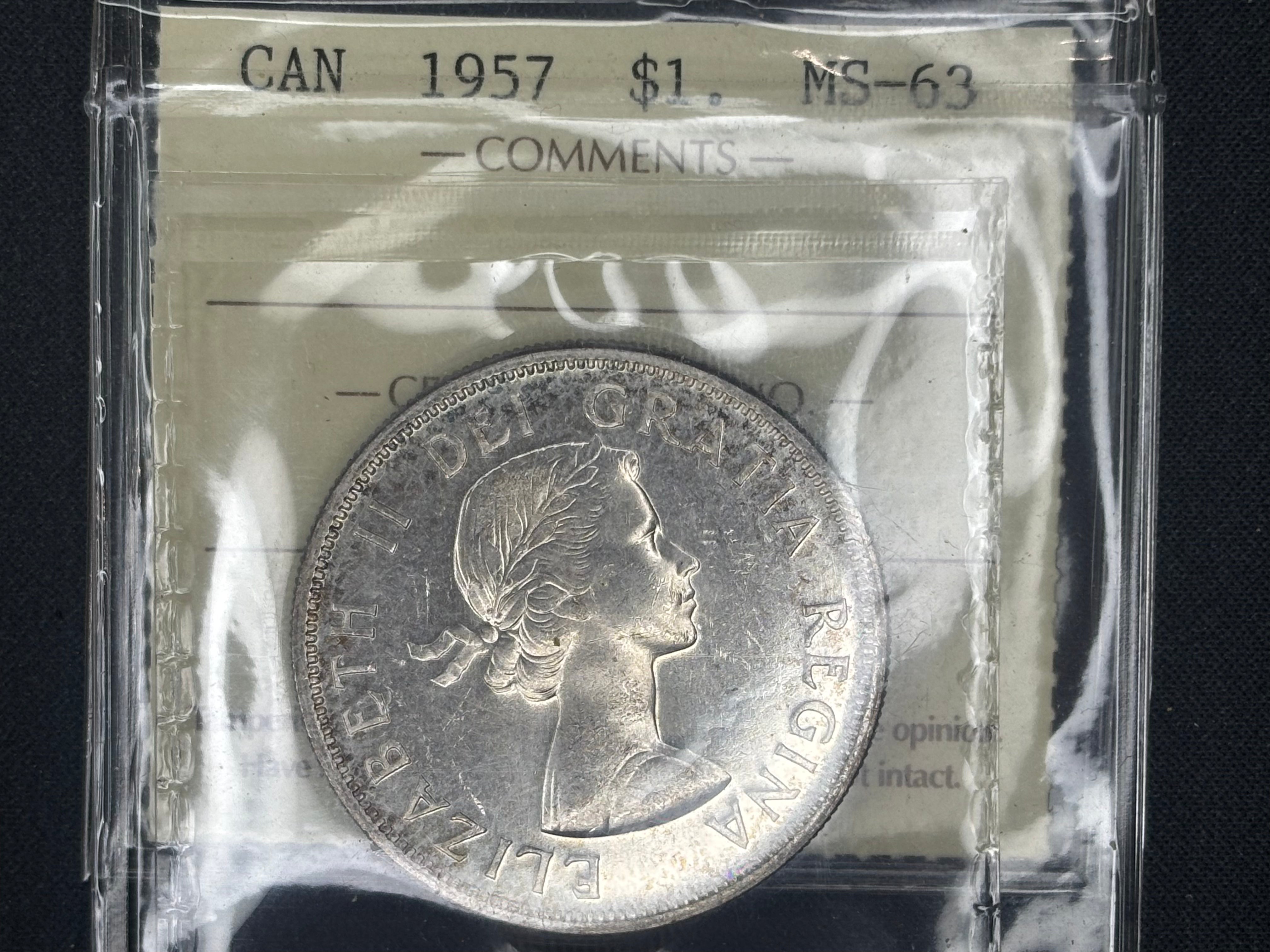 Canadian Silver Coin - Dollar - 1957 FWL - MS63 ICCS
