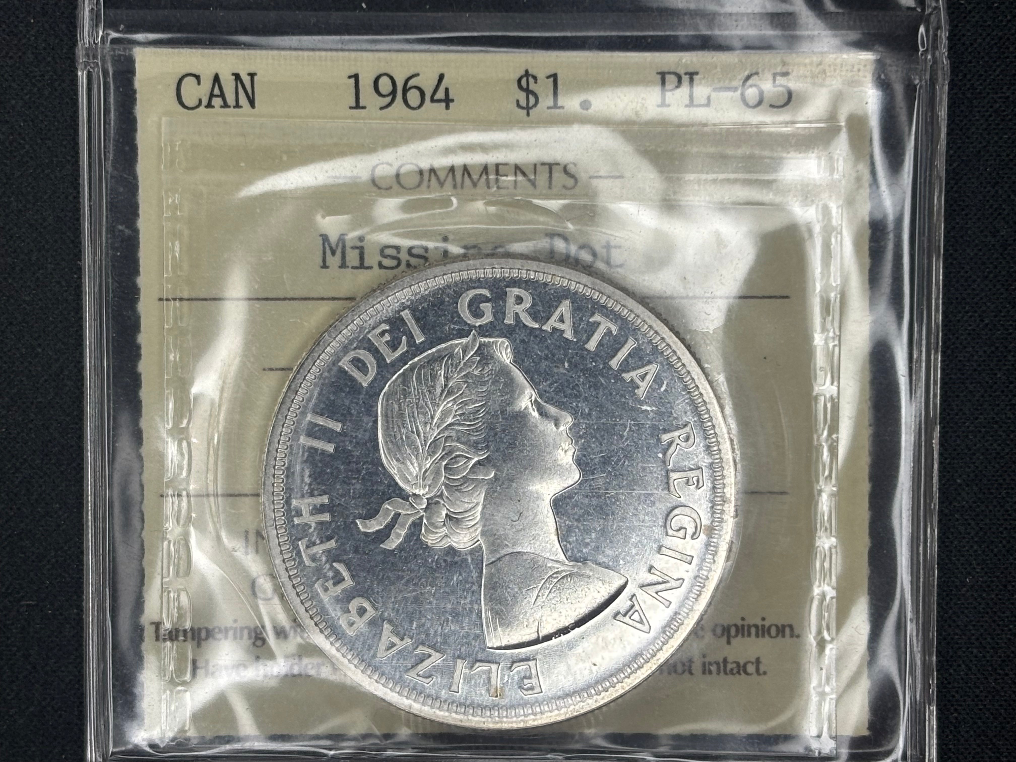 Canadian Silver Coin - Dollar - 1964 Missing dot - PL65 ICCS