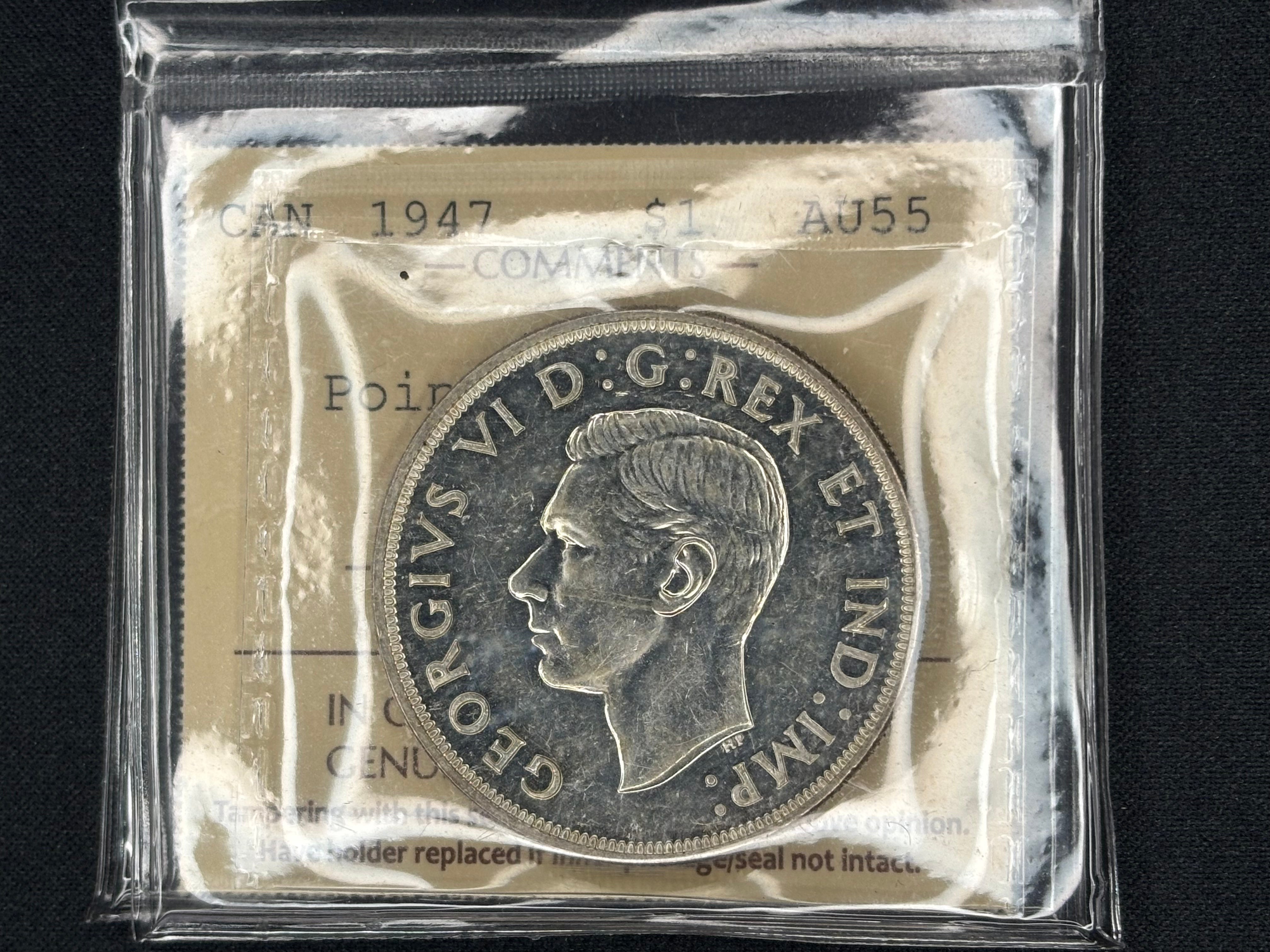 Canadian Silver Coin - Dollar - 1947 P7 Dot - AU55 ICCS