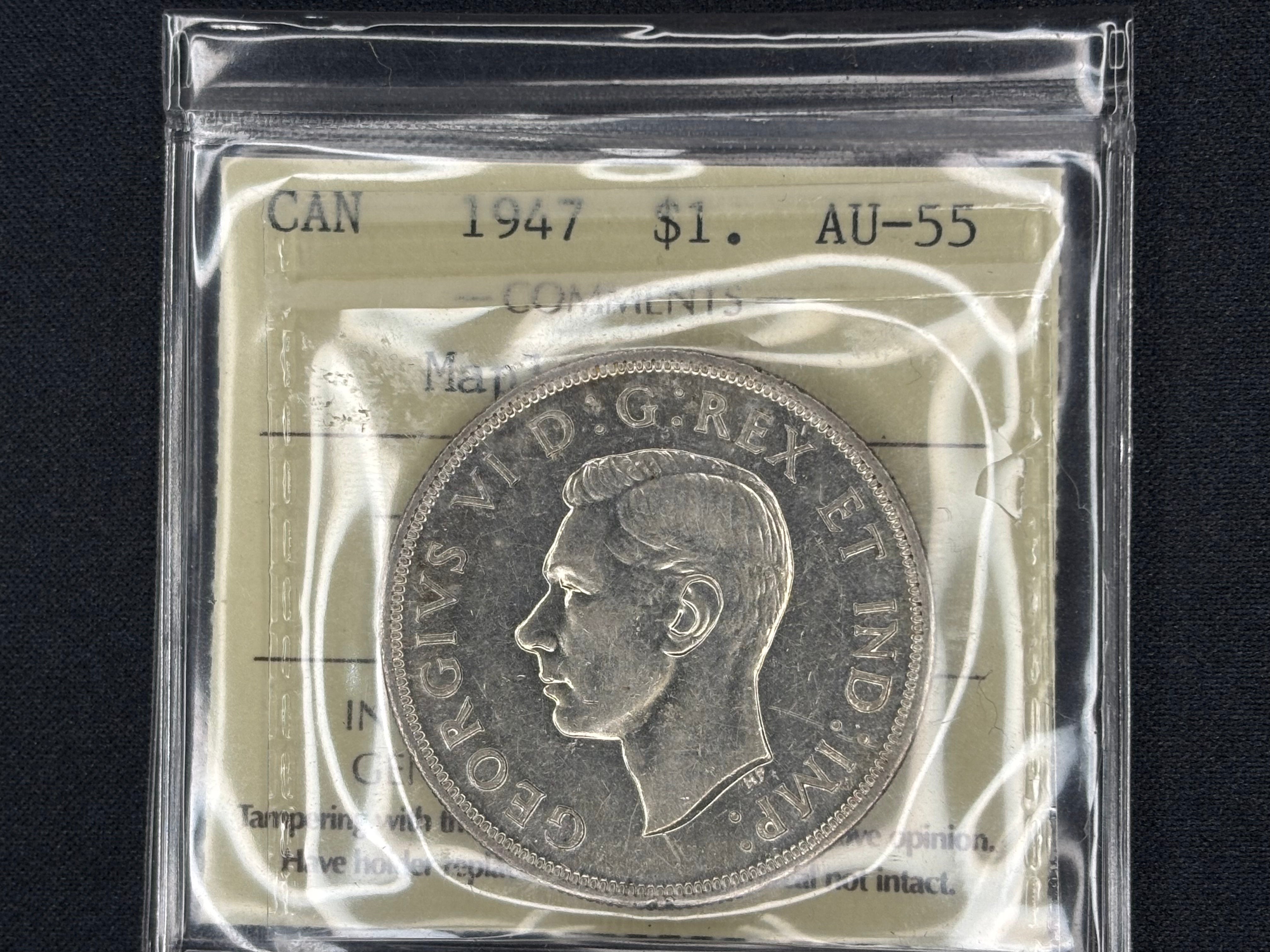 Canadian Silver Coin - Dollar - 1947 Maple Leaf - AU55 ICCS
