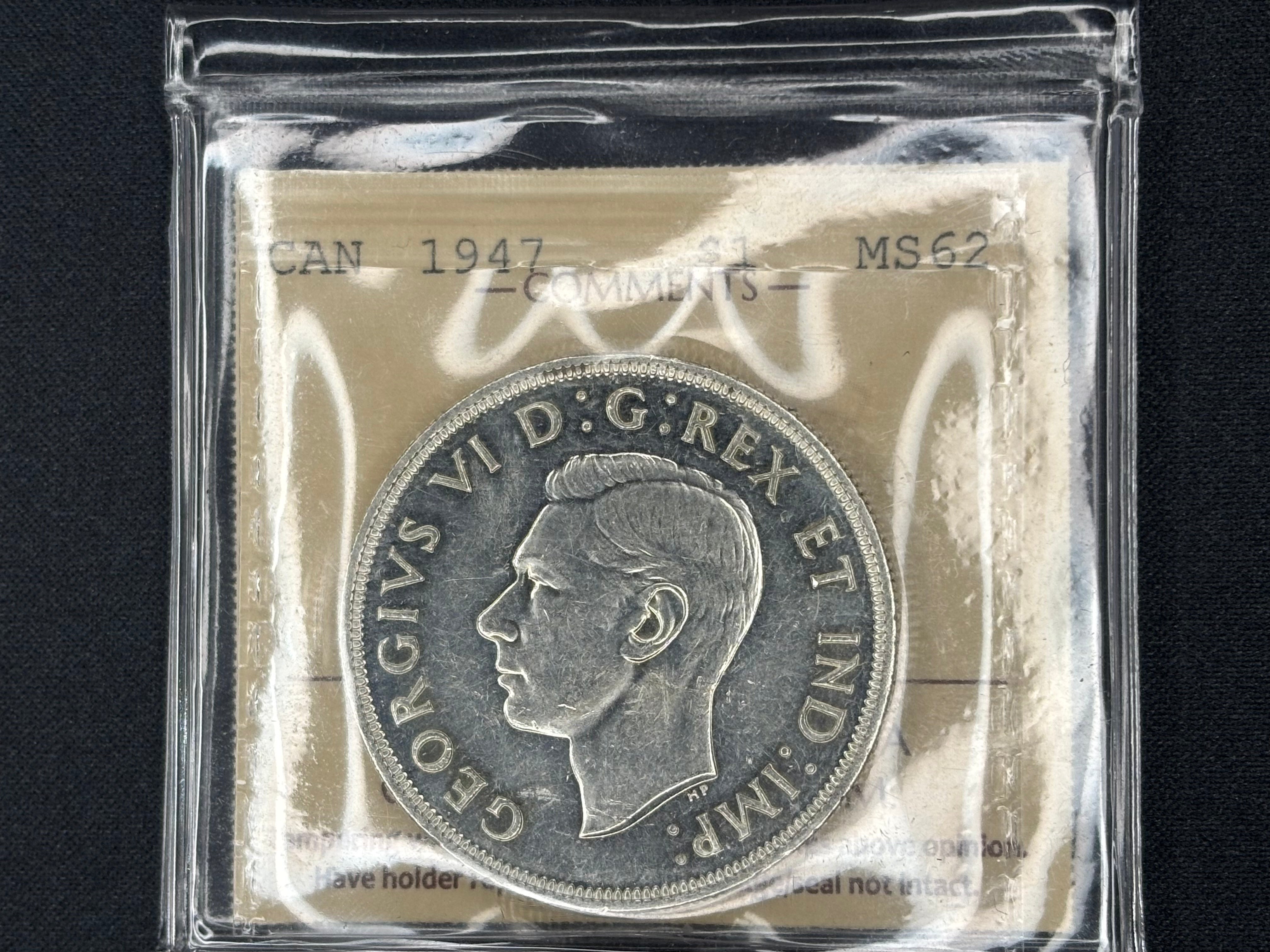 Canadian Silver Coin - Dollar - 1947 Maple Leaf - MS62 ICCS