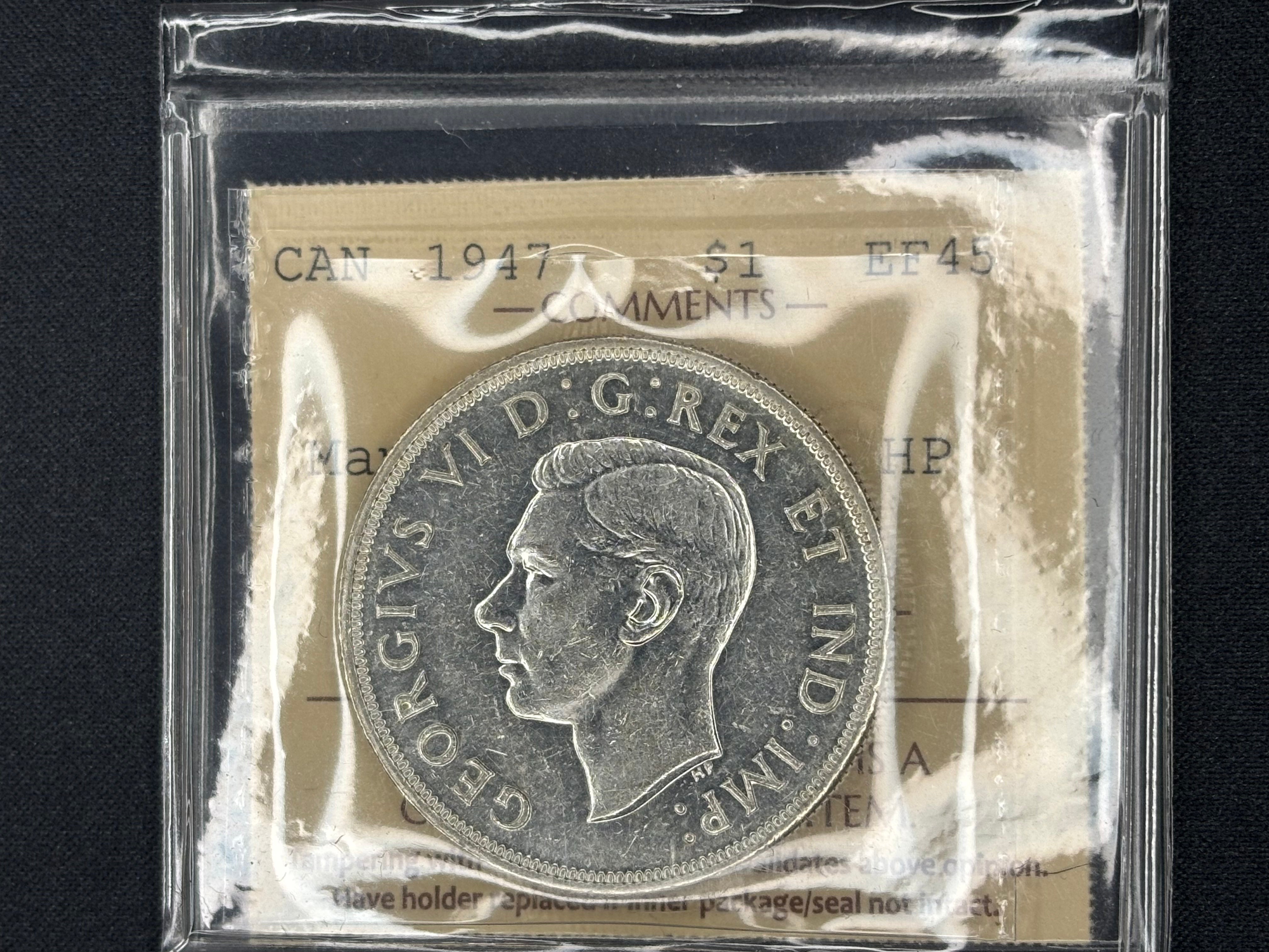 Canadian Silver Coin - Dollar - 1947 Maple Leaf Double HP - EF45 ICCS