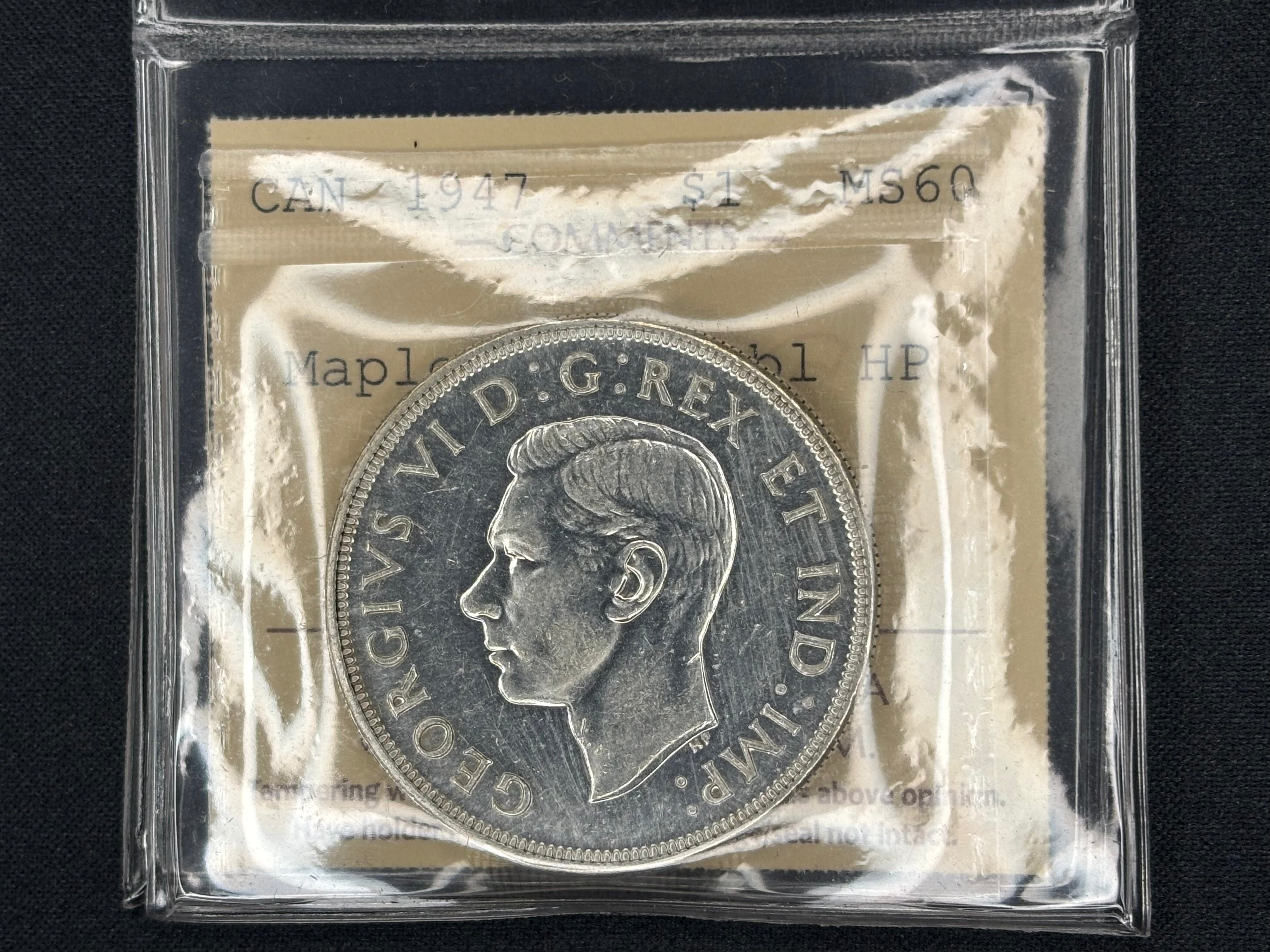 Canadian Silver Coin - Dollar - 1947 Maple Leaf  Double HP - MS60 ICCS